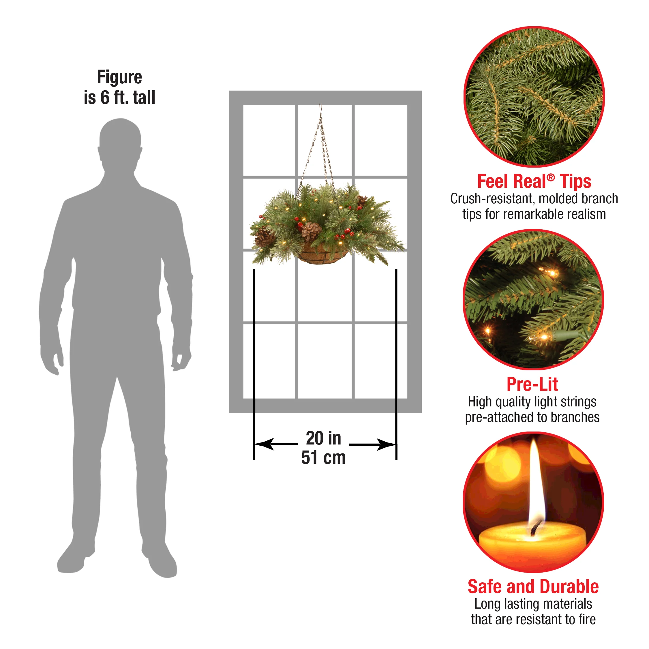 20 in. Pre-Lit Colonial Fir Hanging Basket with LED Lights - Image 4