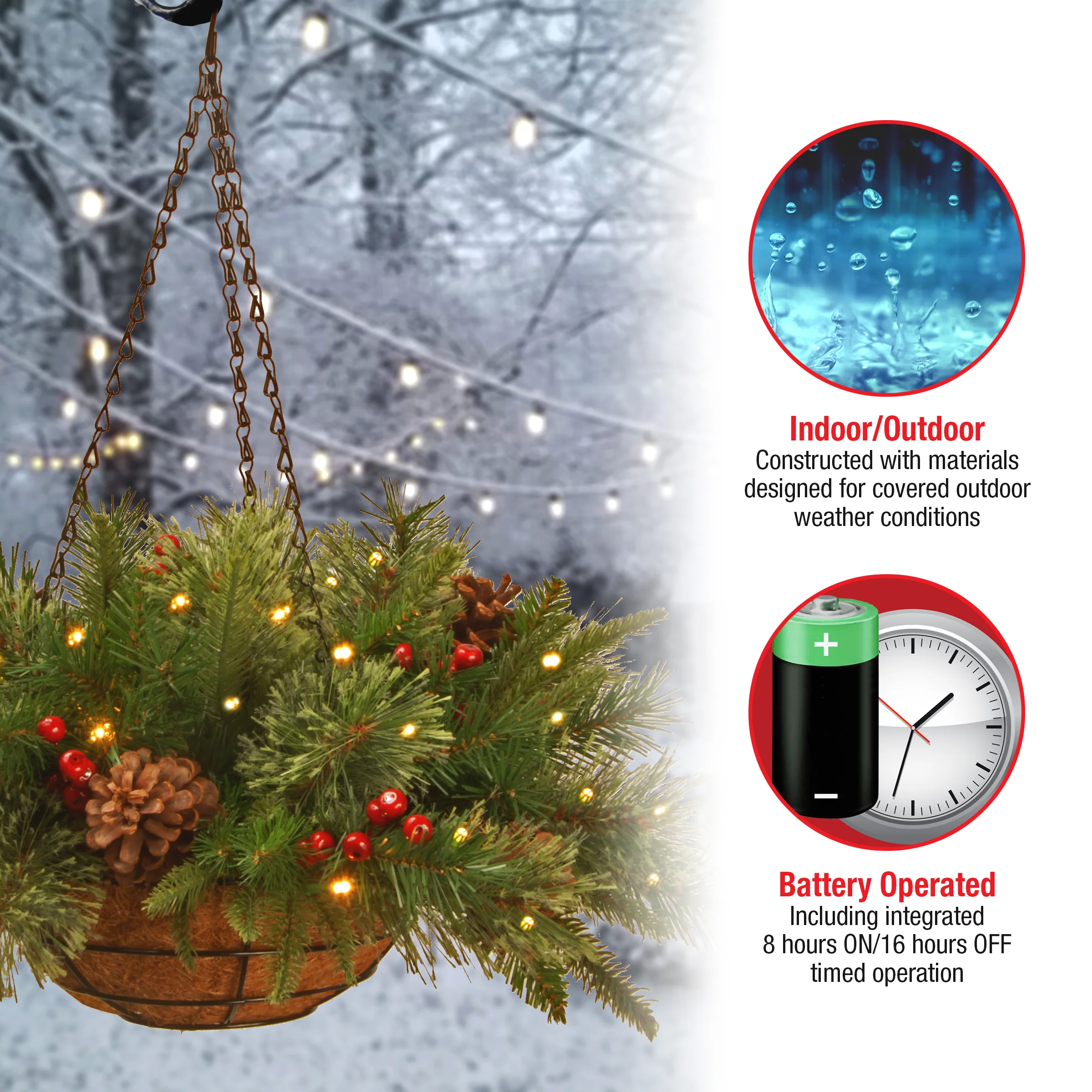 20 in. Pre-Lit Colonial Fir Hanging Basket with LED Lights - Image 5
