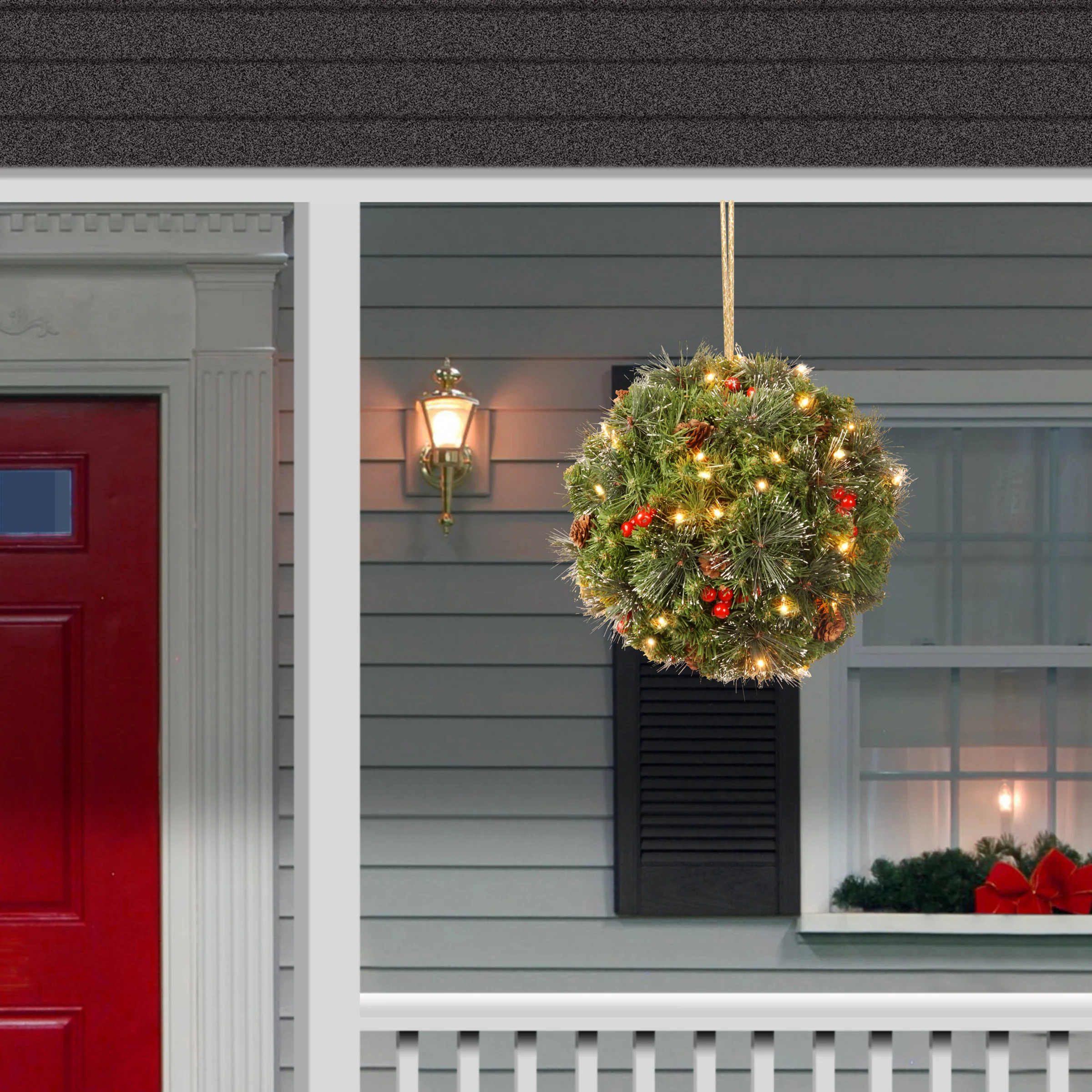 12 in. Pre-Lit Crestwood Spruce Kissing Ball with Warm White LED Lights - Image 2