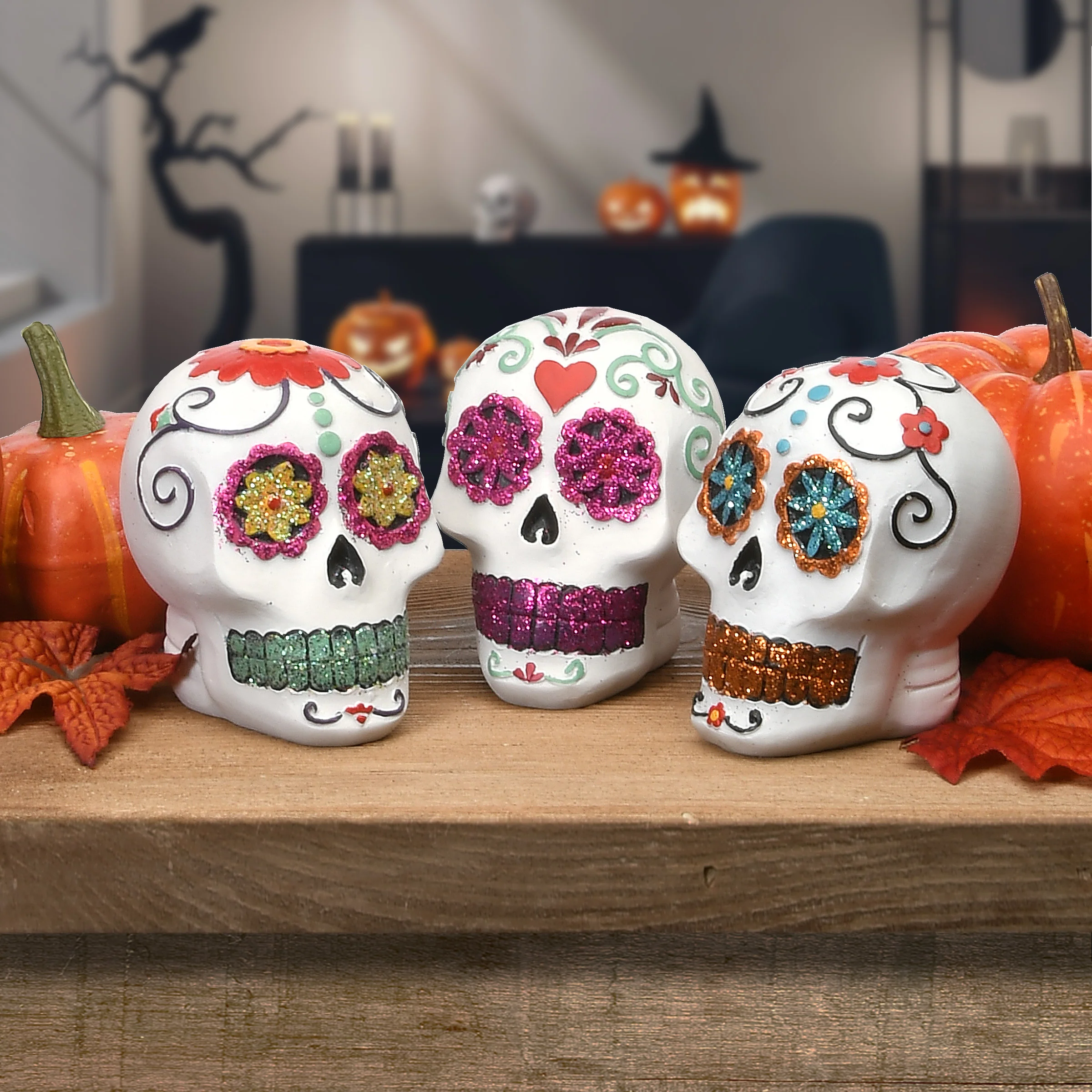 3 in. 3-Pack Halloween Ghost Day of the Dead Decorated Skulls - Image 2