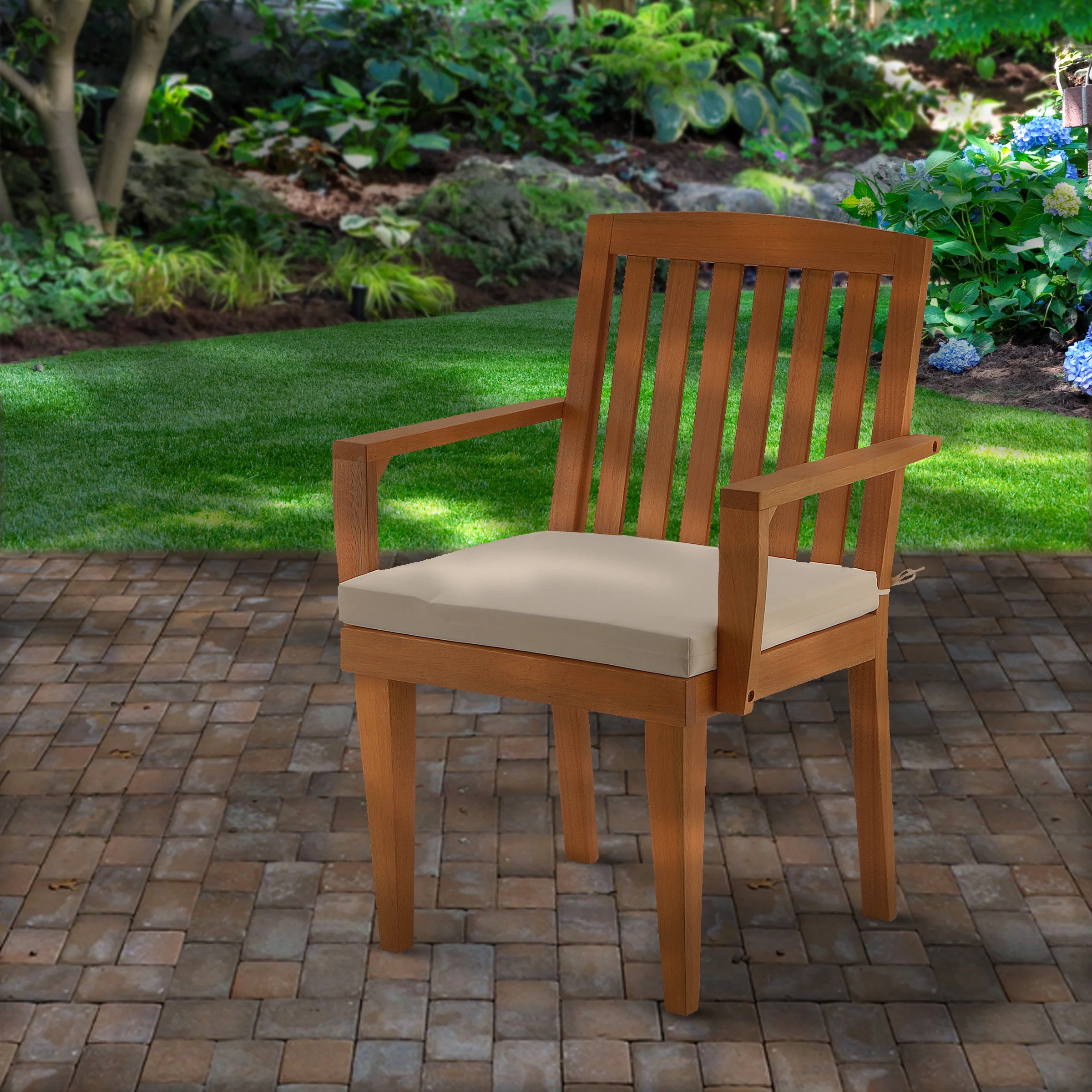 Eucalyptus Grandis Wood Dining Armchair, Natural Color with Beige Cushion - Image 2