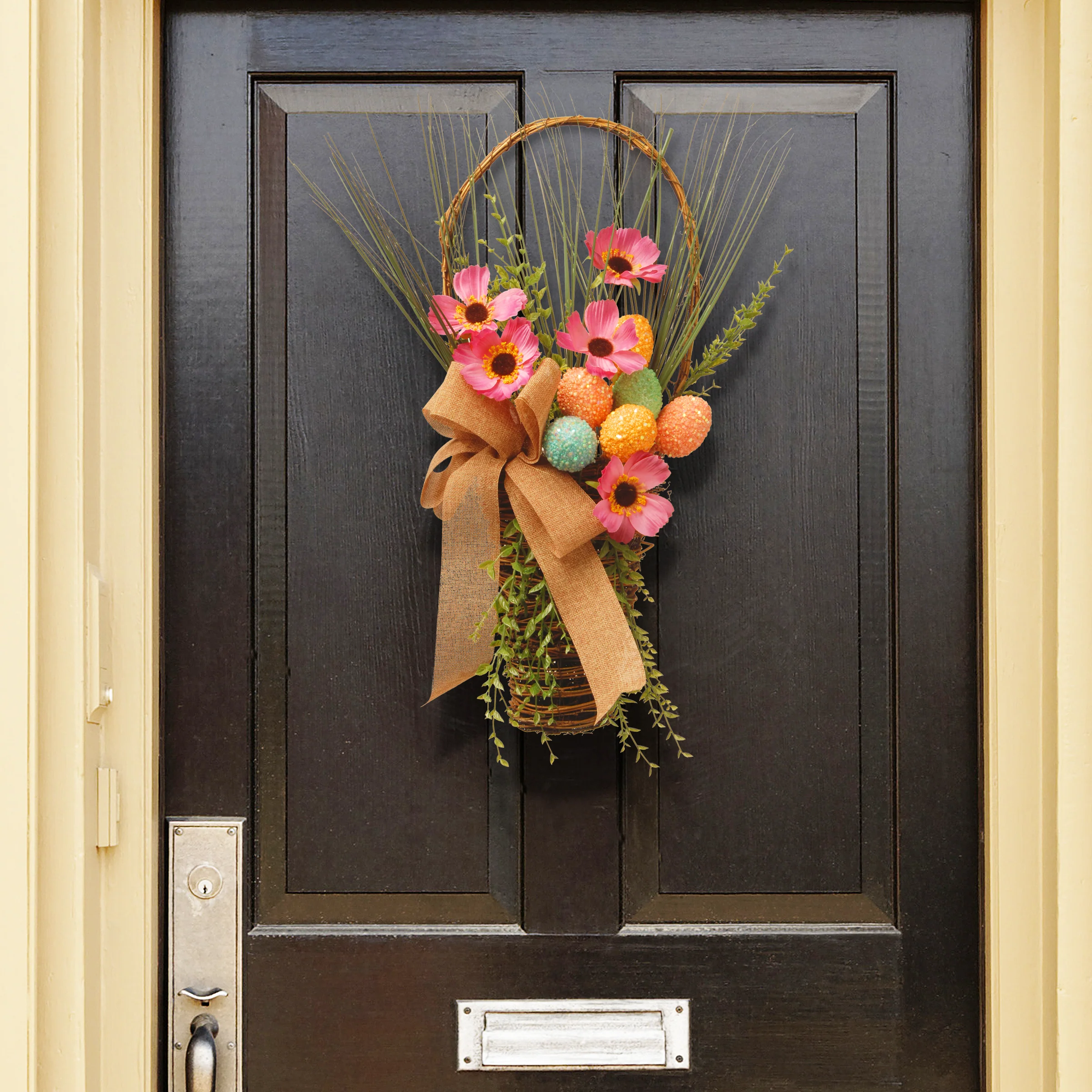 23 in. Easter Stuffed Hanging Wall Basket Stuffed with Pastel Eggs, Ribbon, Flower Blooms - Image 2