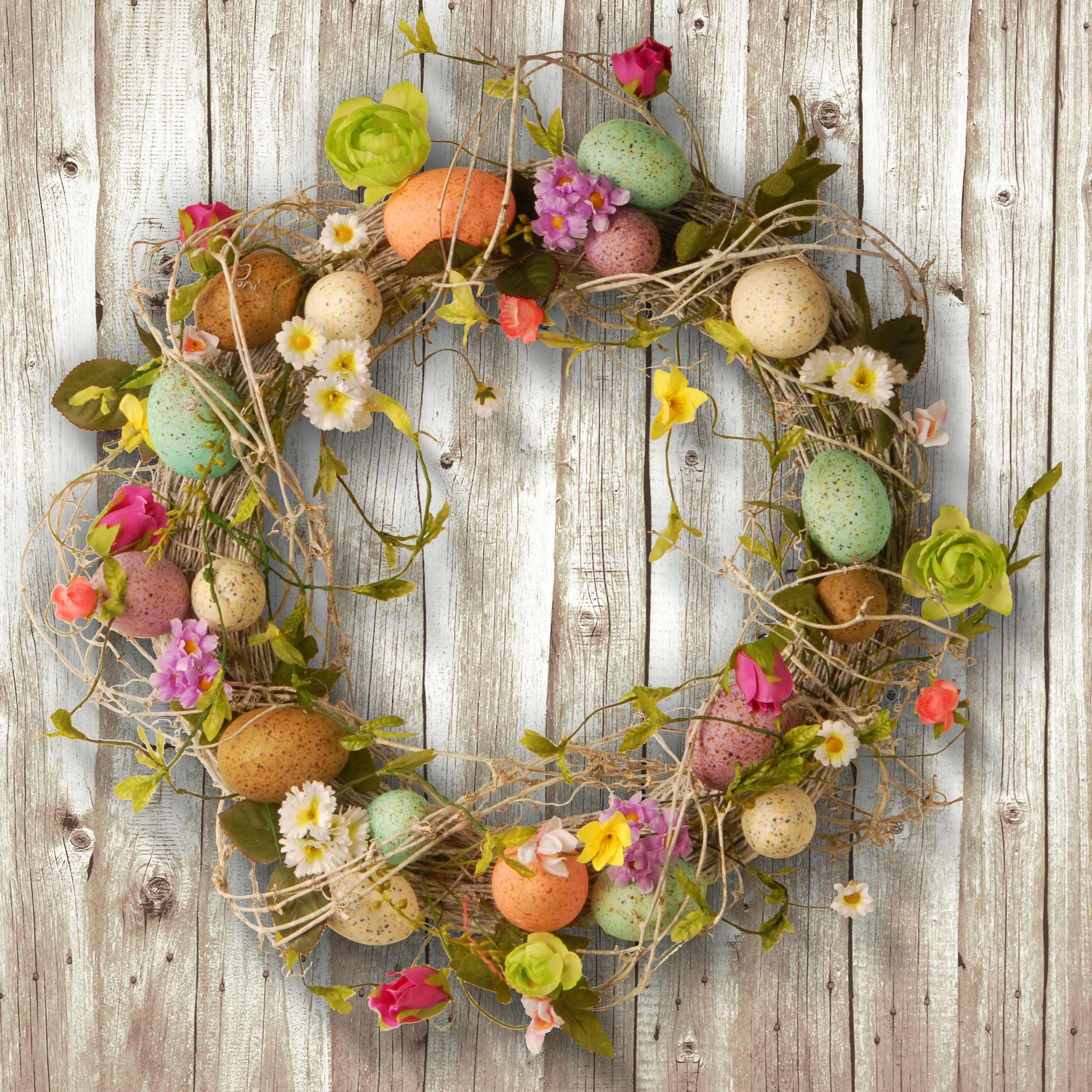 18 in. Easter Wreath Decorated With Eggs, Flower Blooms - Image 2