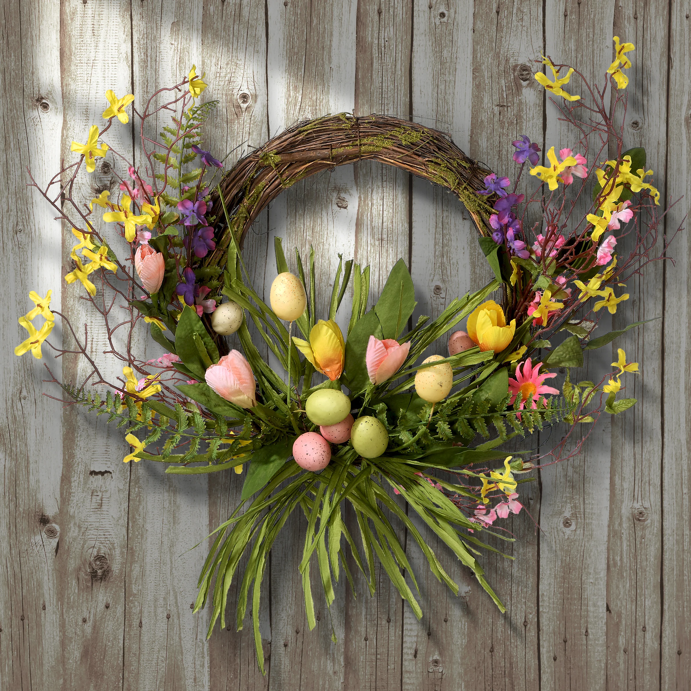 20 in. Easter Wreath Decorated with Pastel Eggs, Flower Blooms - Image 2
