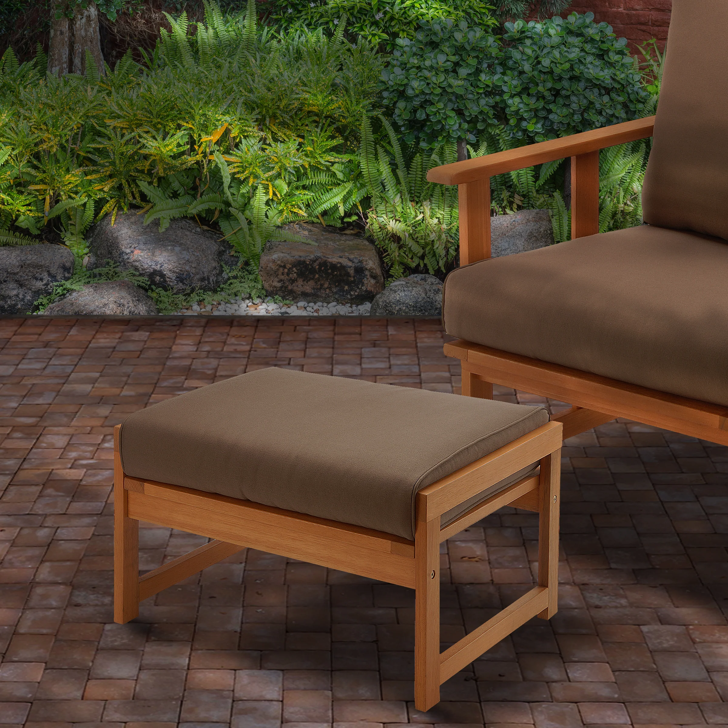 28x21x16 in. Eucalyptus Grandis Wood Ottoman, Natural Color, Beige Cushion - Image 2