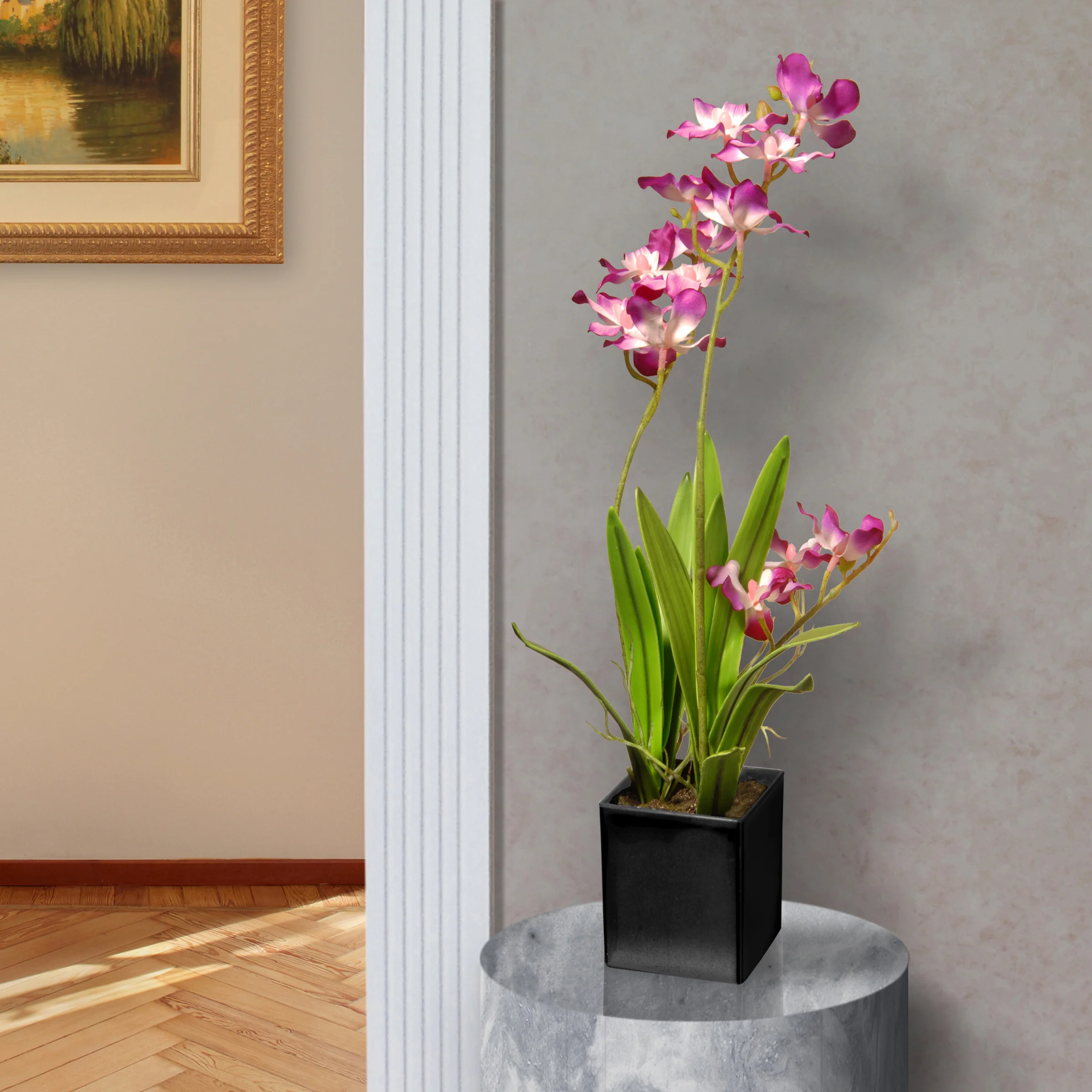 16 in. Spring Purple Orchids Flowers Potted in a Black Base - Image 2