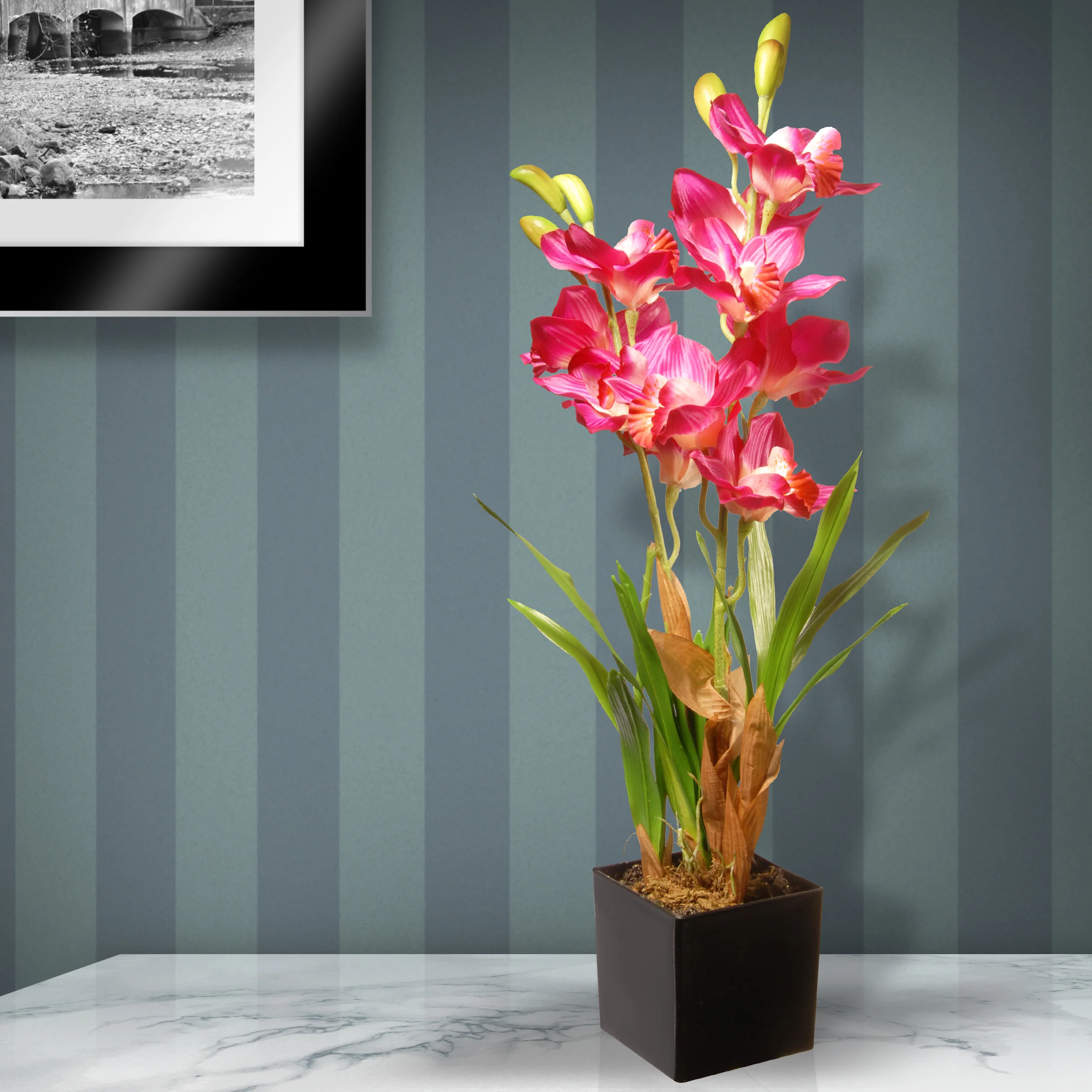 25 in. Spring Pink Orchids Flowers Potted in a Black Base - Image 2