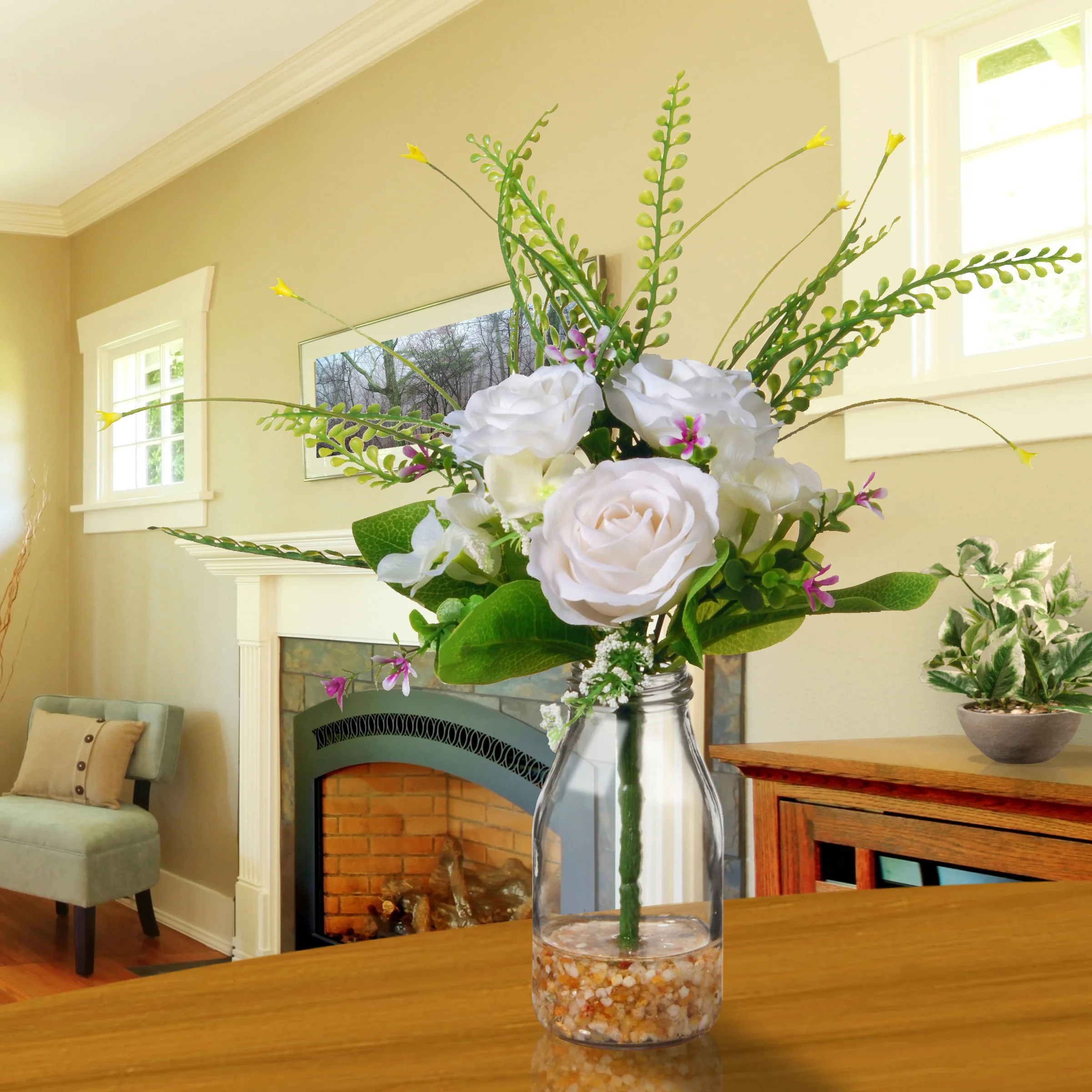 12 in. Spring White Roses Flower Bouquet in Glass Vase with Leafy Greens - Image 2