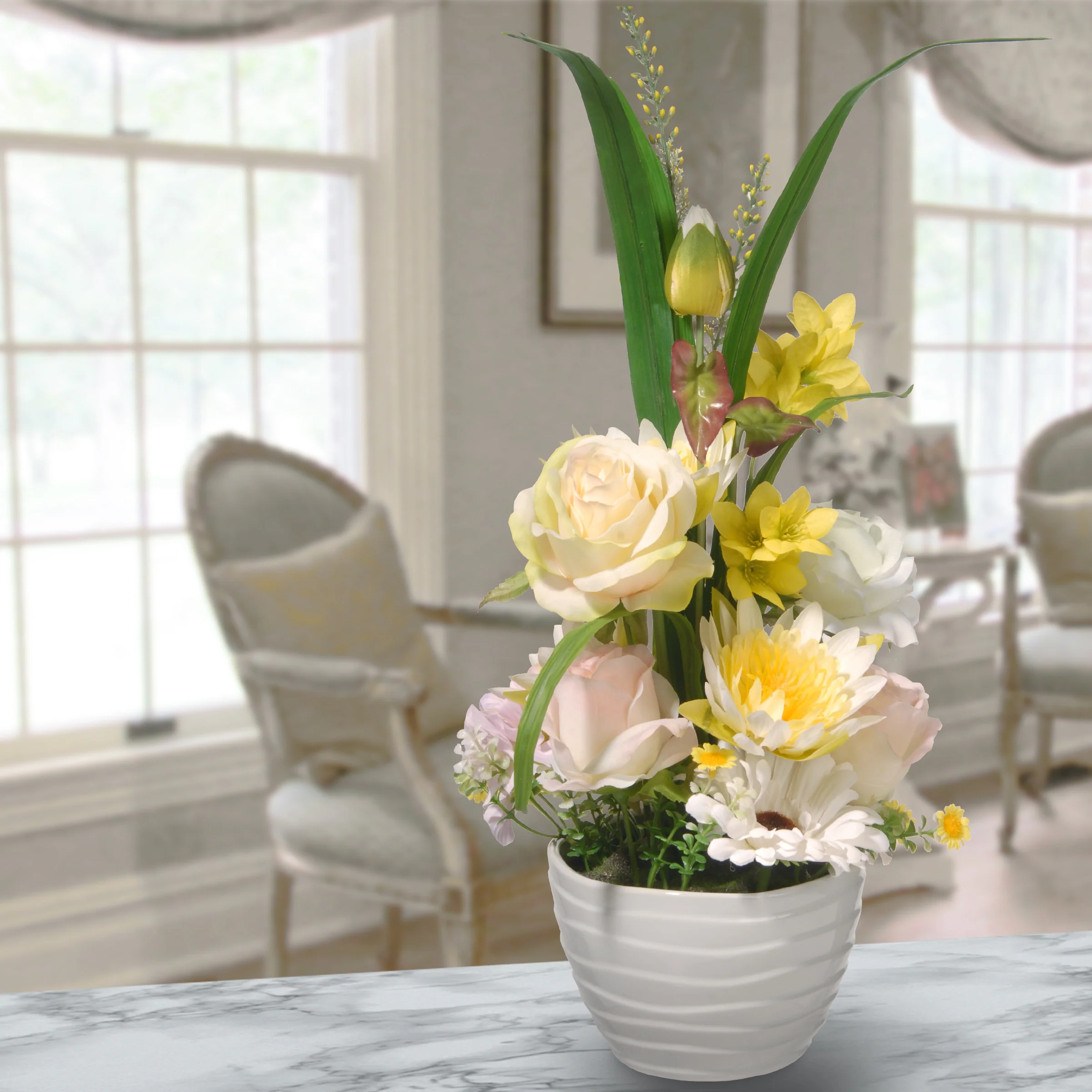 17 in. Spring White Daises and Roses Flower Pot with Leafy Greens - Image 2