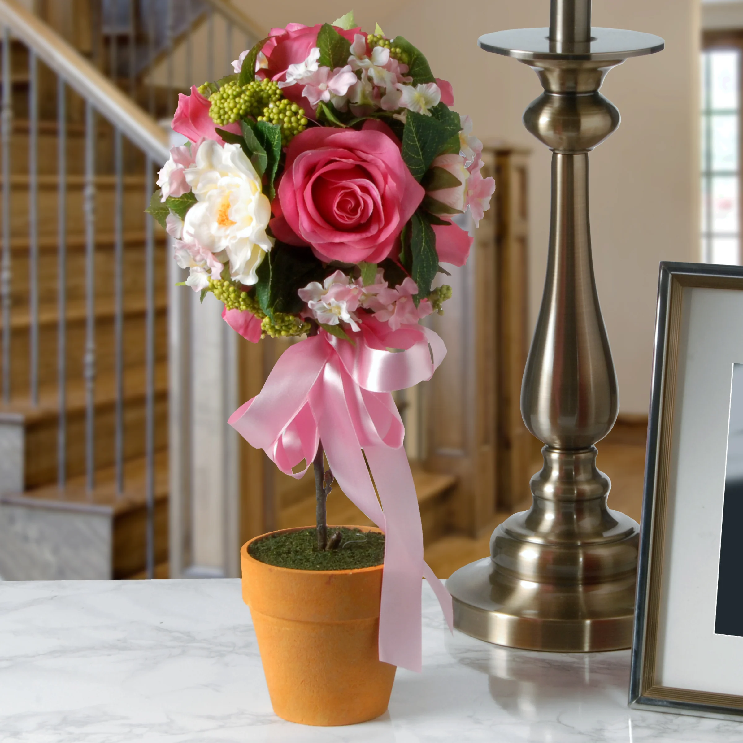 Artificial Potted Plant, Rose and Hydrangea, Decorated with Pink Bow, Includes Classic Grower's Pot, Spring Collection, 14 Inches - Image 2