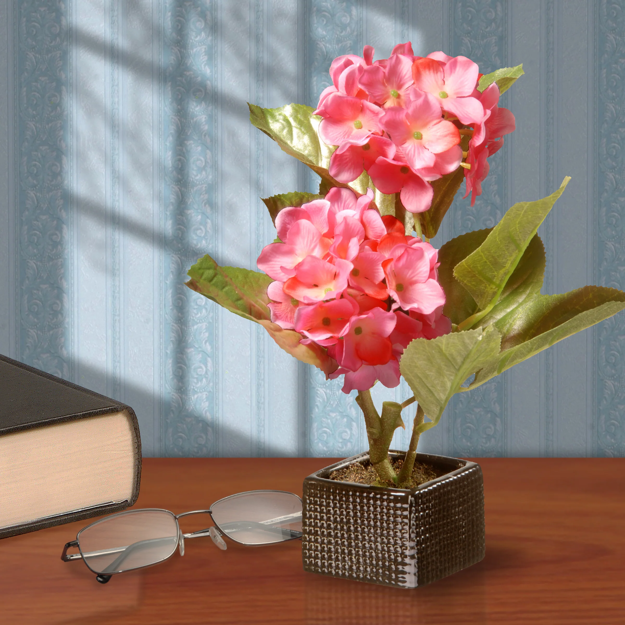 10 in. Spring Potted Pink Hydrangeas Flower Pot with Leafy Greens - Image 2