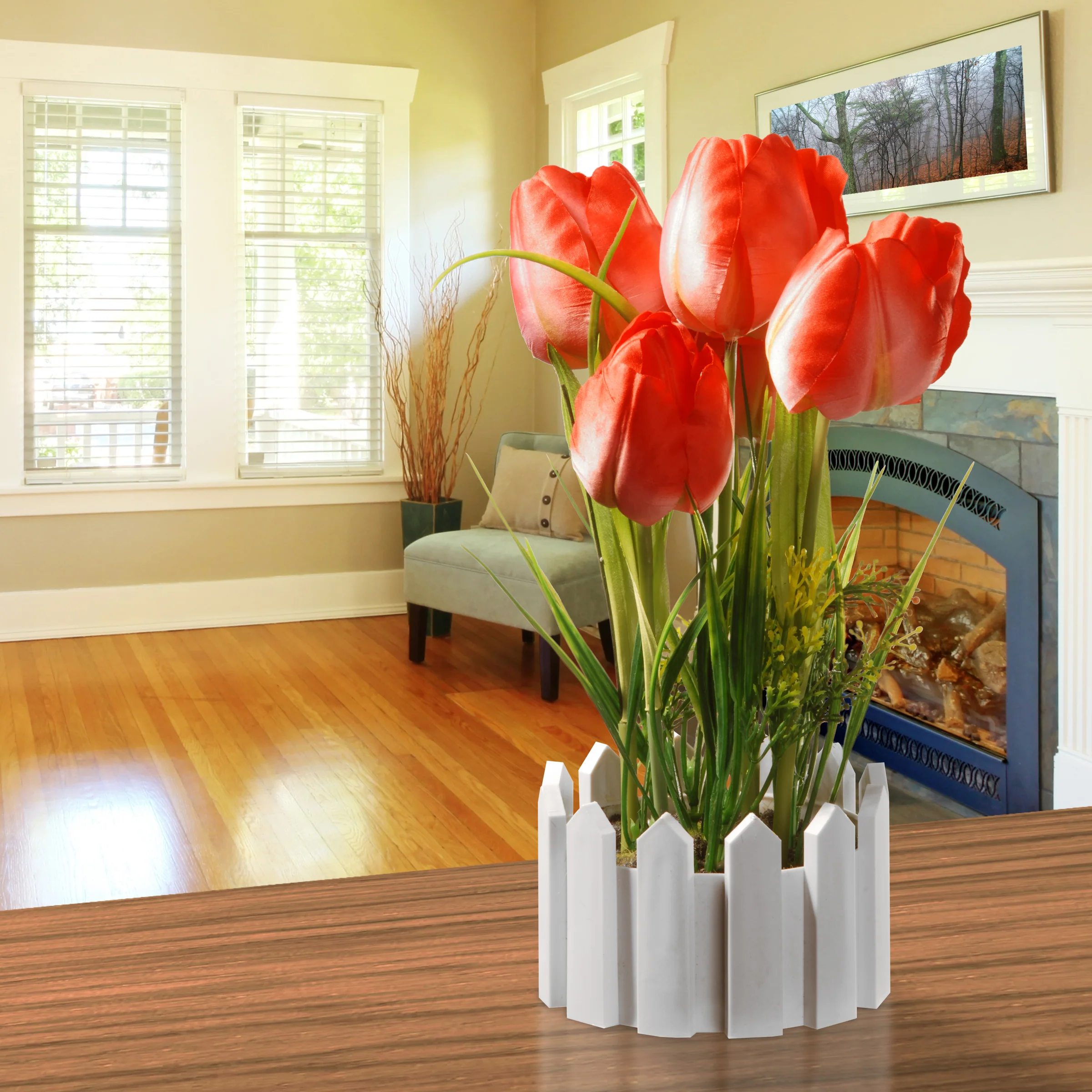 11 in. Spring Red Tulips Flowers Potted in a White Picket Fence Base - Image 2