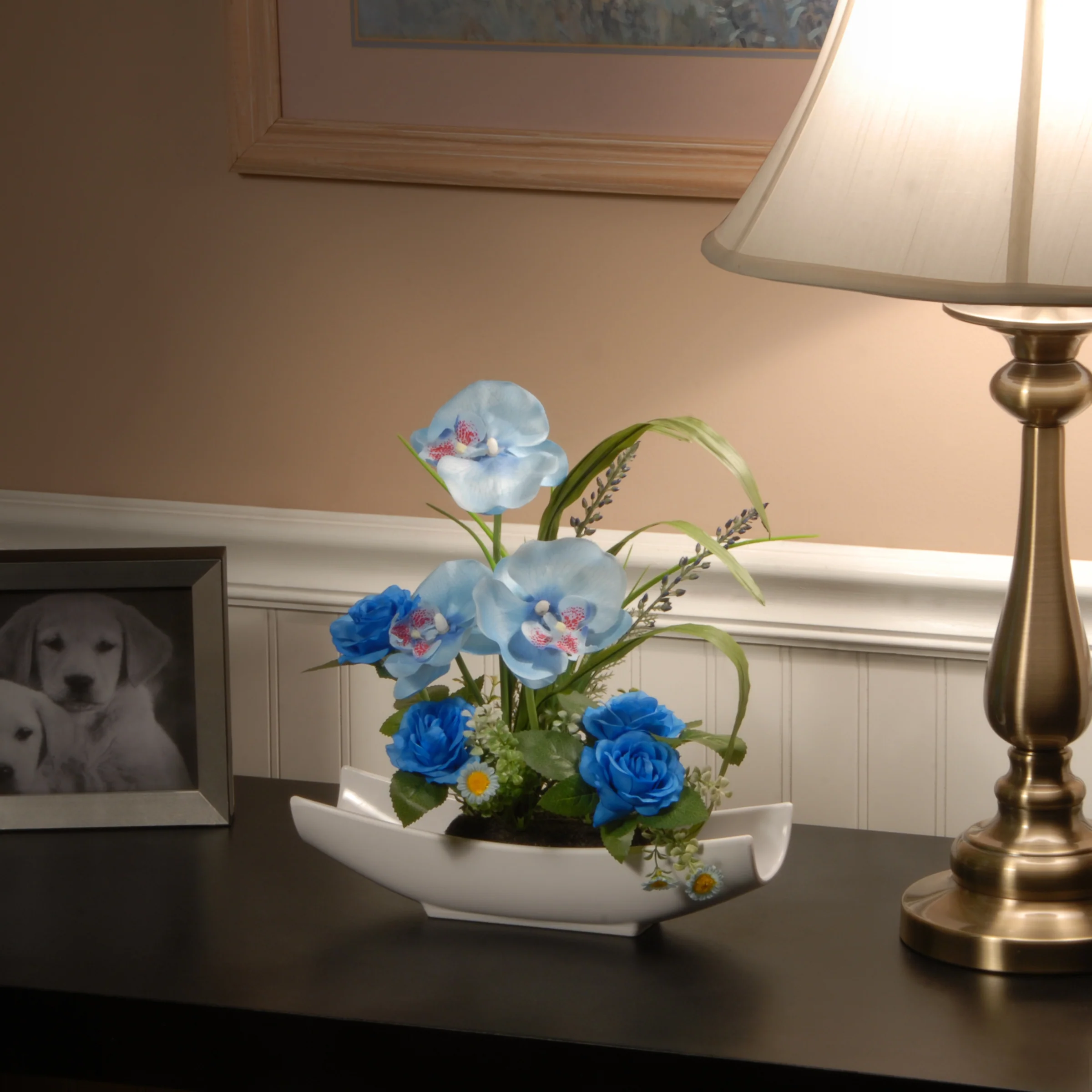 15 in. Spring Potted White Orchid and Blue Roses Flower Pot with Leafy Greens - Image 2