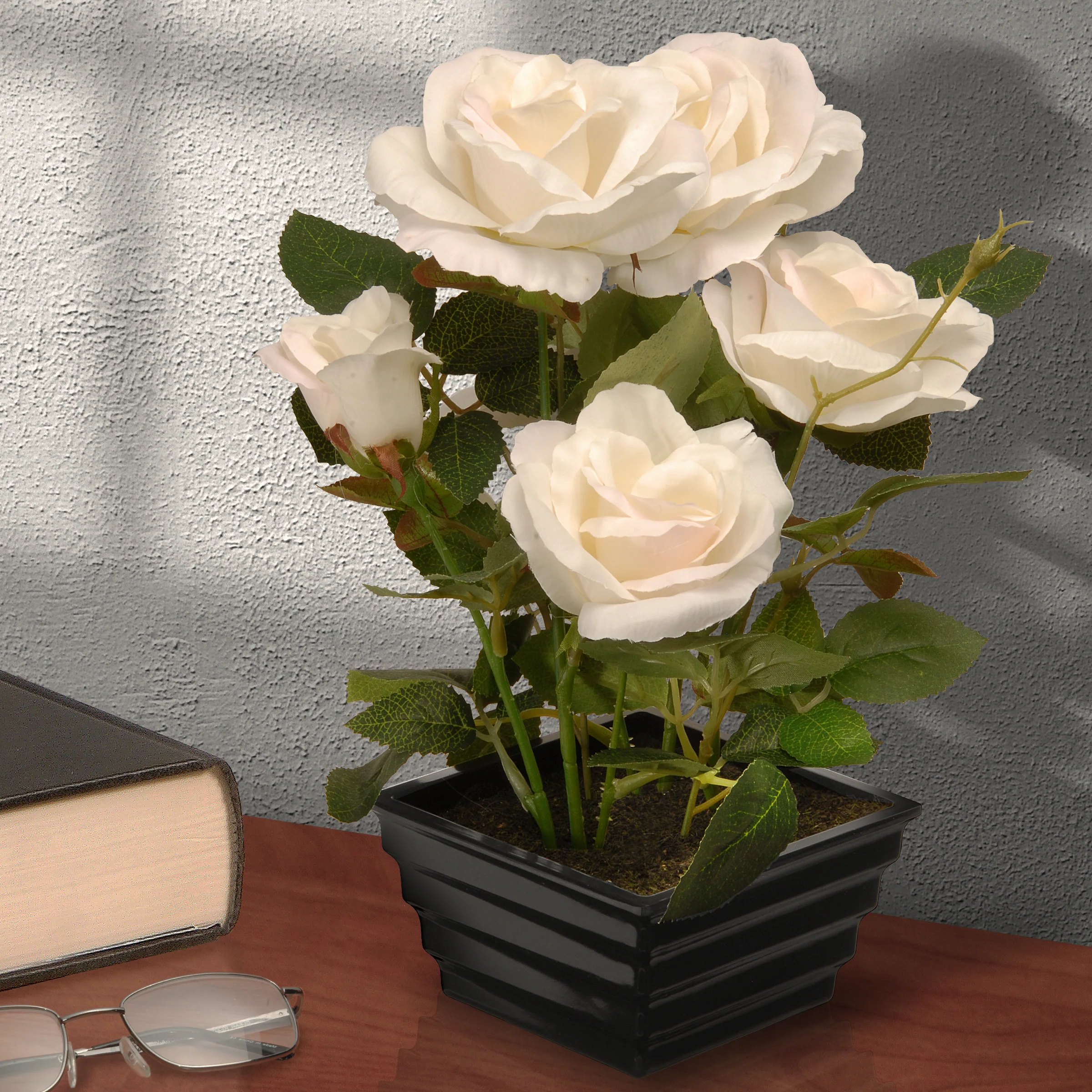 11 in. Spring White Roses Flower Potted Plant in a Black Base - Image 2