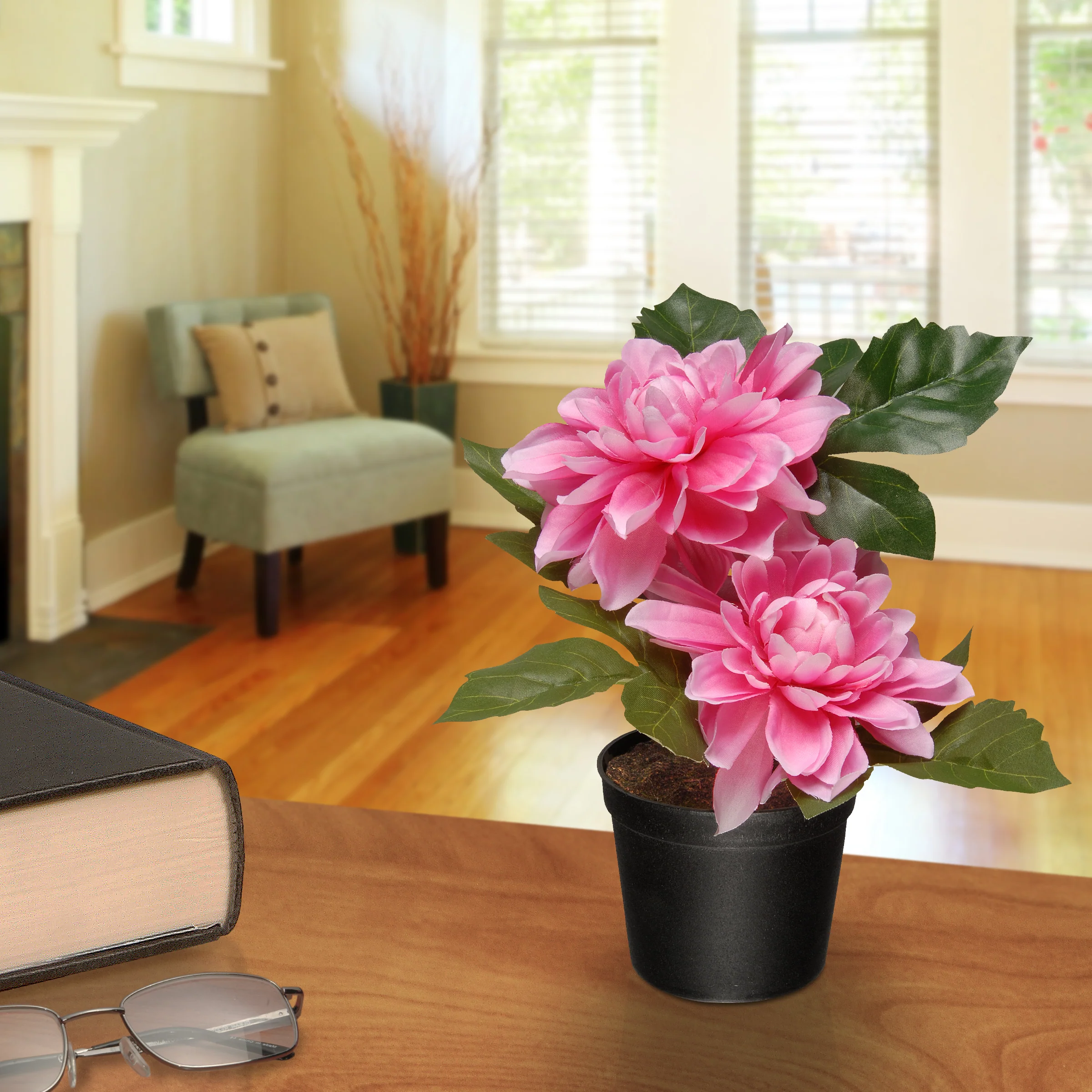 Artificial Potted Flowers, Pink Dahlias, Includes Black Pot Base, Spring Collection, 7 Inches - Image 2