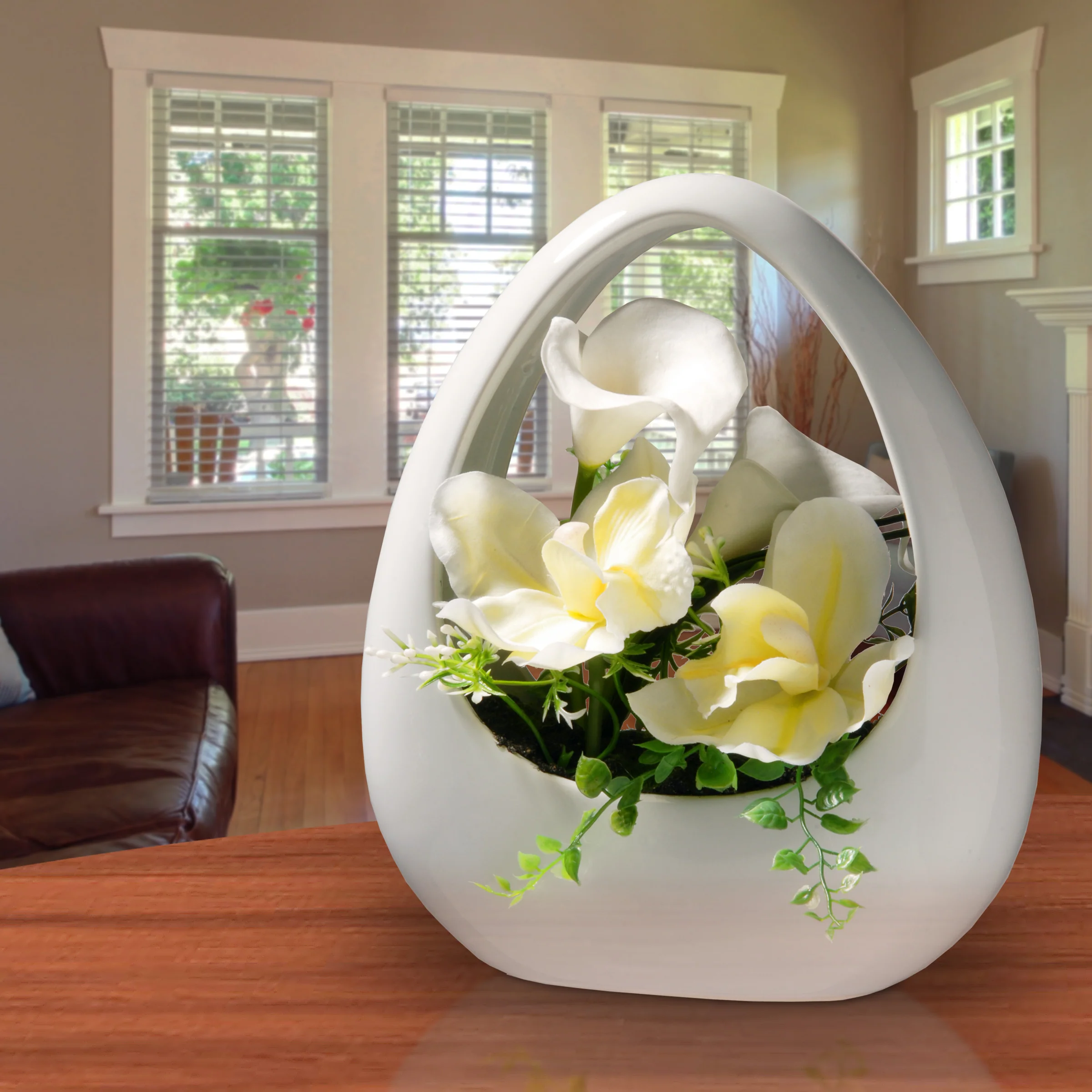 9 in. Spring White Lilies and Orchids Flower Pot - Image 2