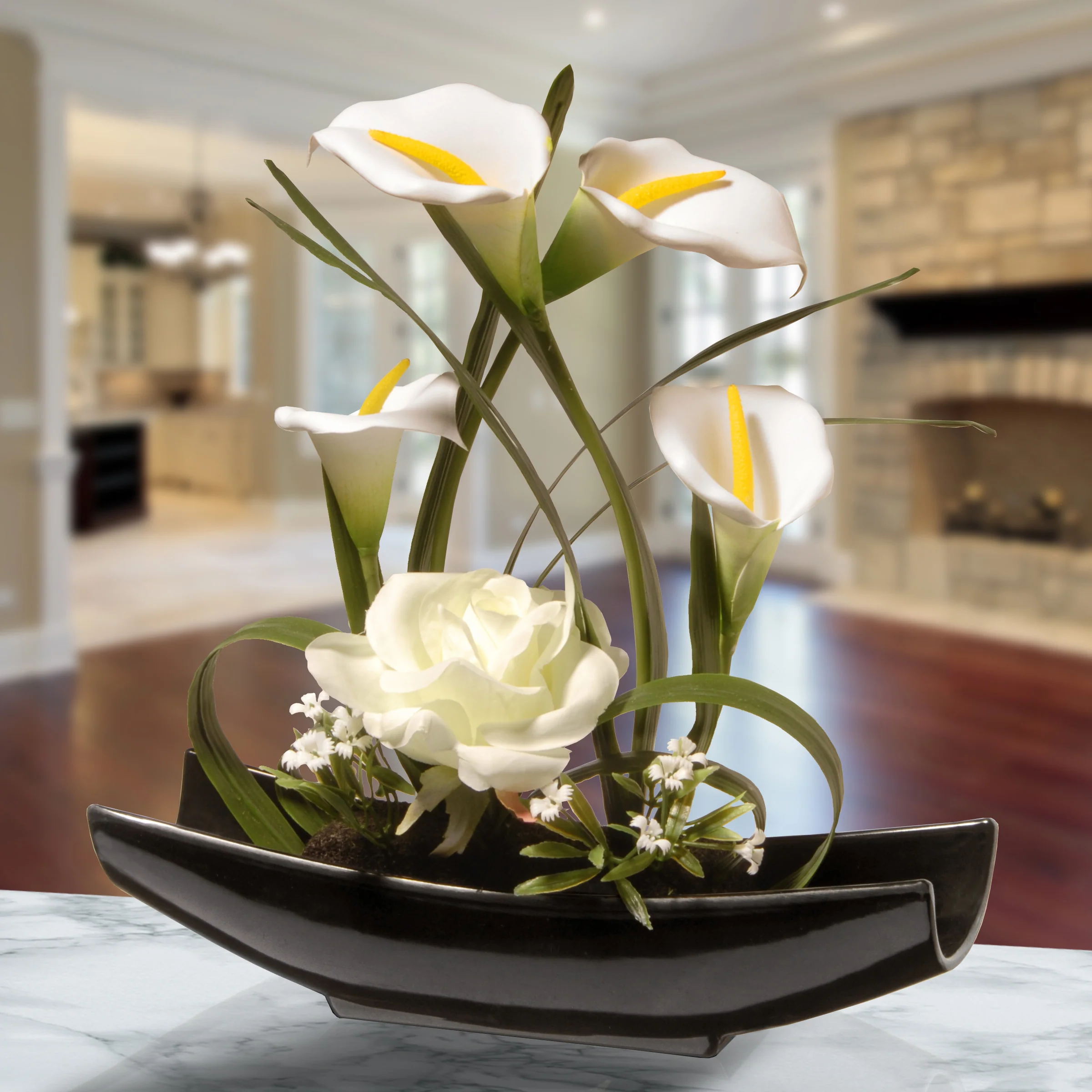 11 in. Spring White Lilies and Roses Flowers Potted in a White Base - Image 2