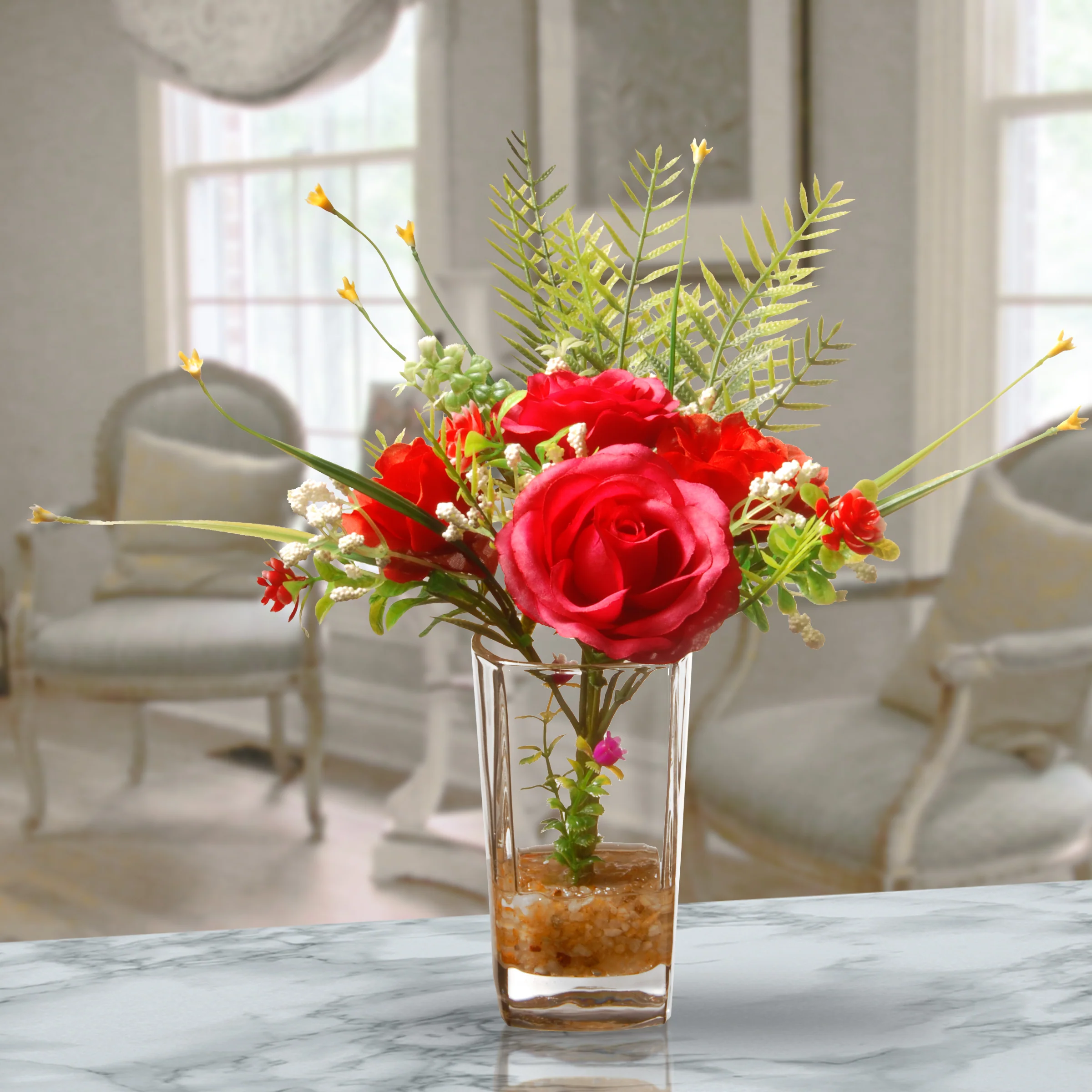 12 in. Spring Red Roses Flower Bouquet in Glass Vase with Leafy Greens - Image 2