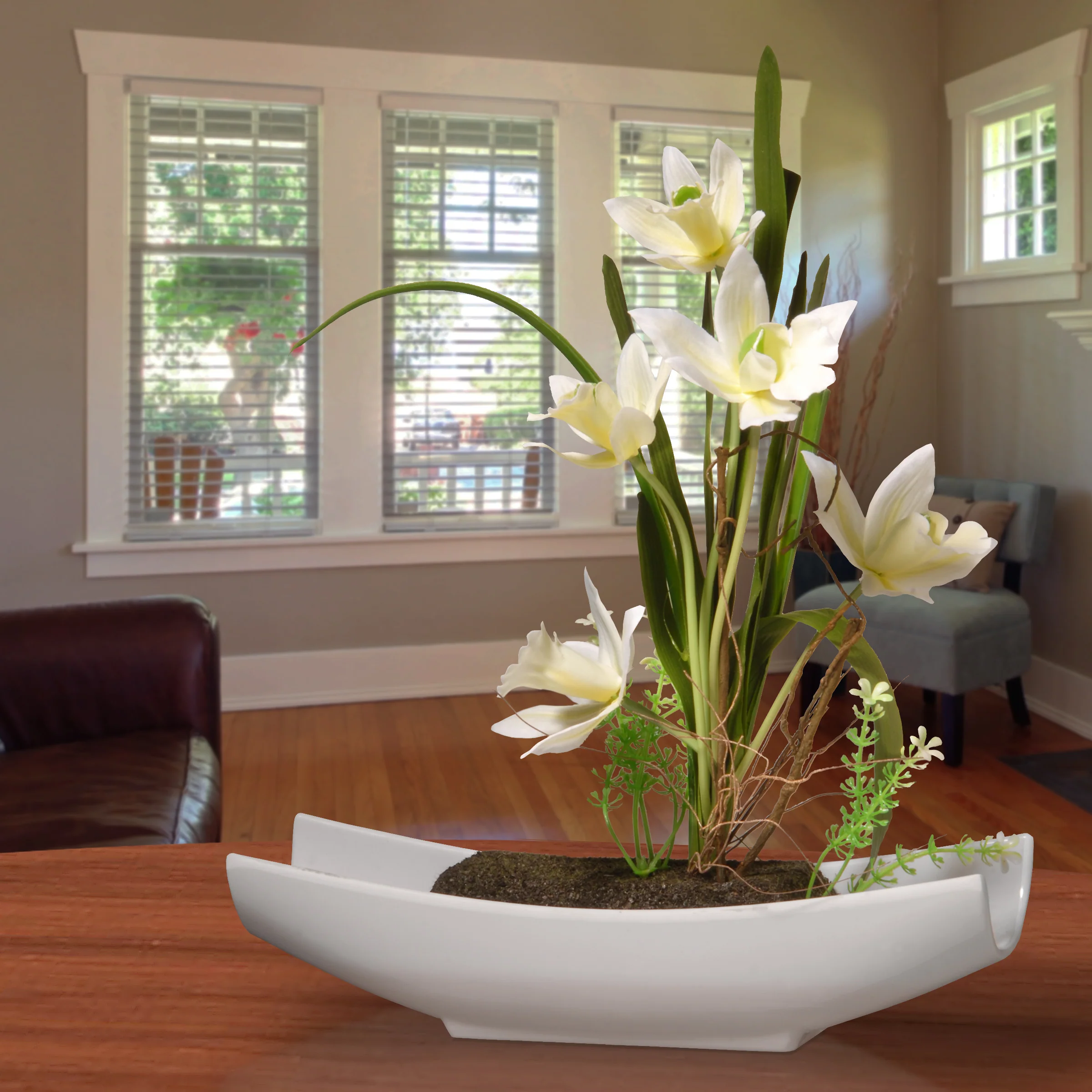 11 in. Spring Yellow Orchids Flower Potted in a White Base - Image 2