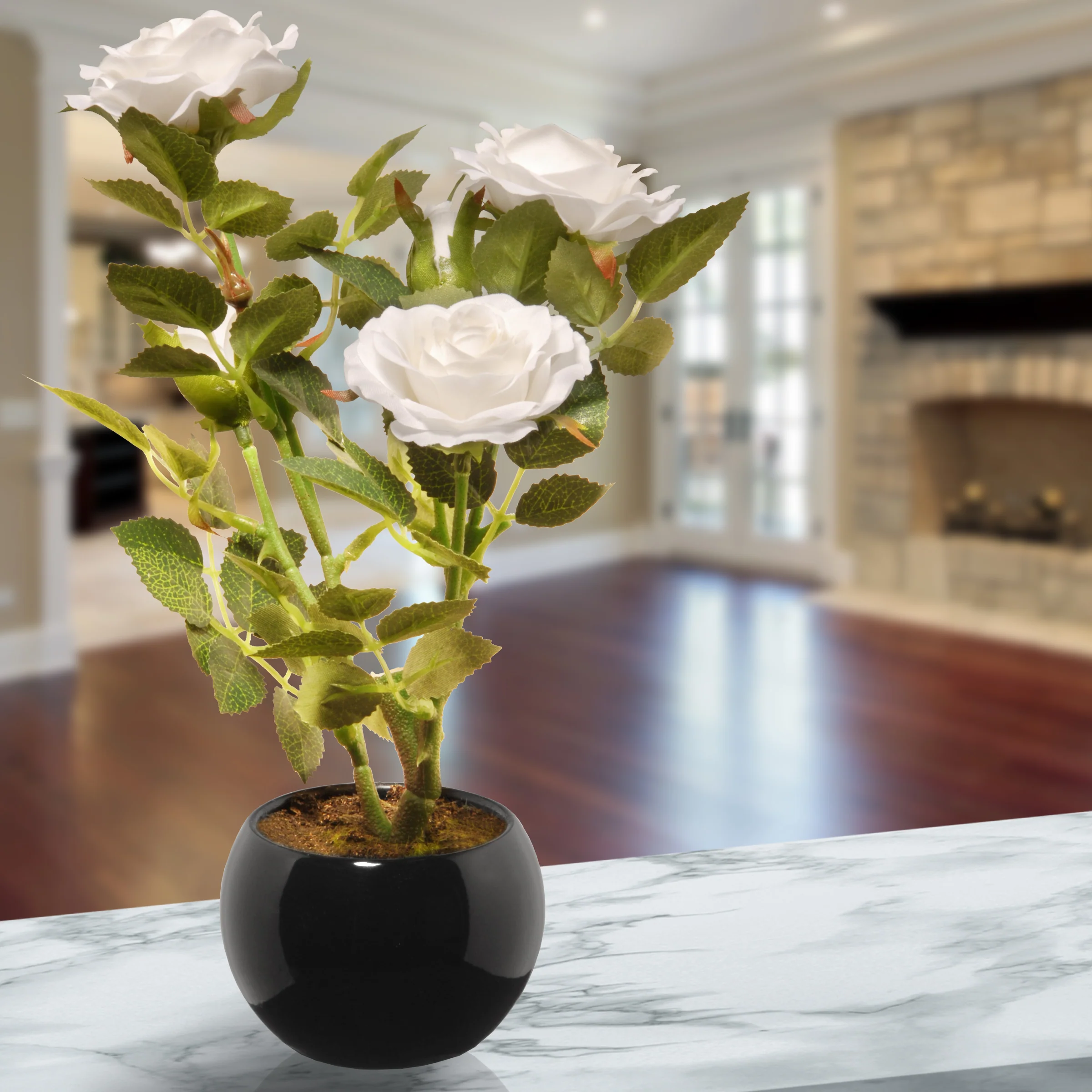 10 in. Spring White Rose Flower Potted in a Black Base - Image 2