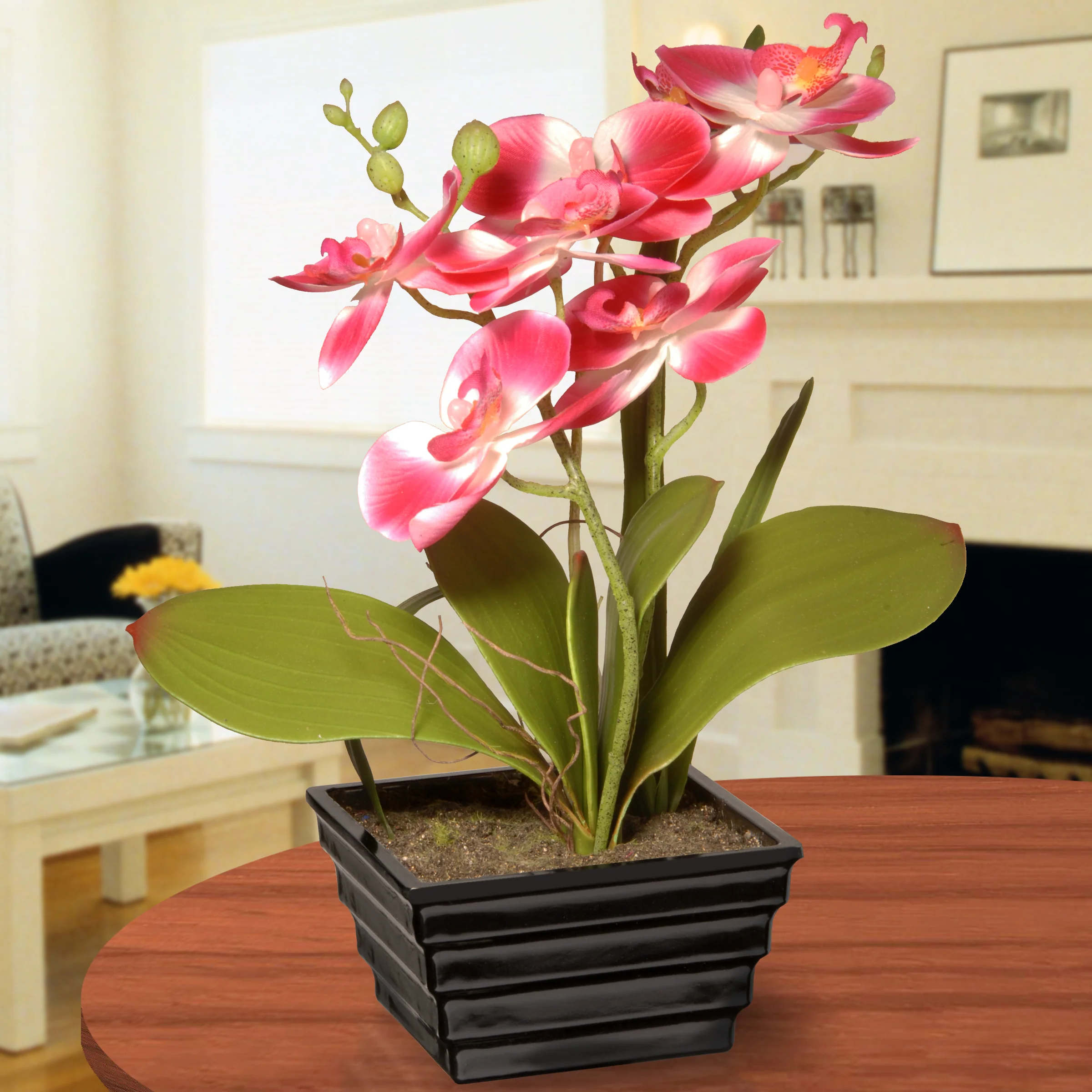 12 in. Spring Pink Orchids Flowers Potted Plant in a Black Base - Image 2