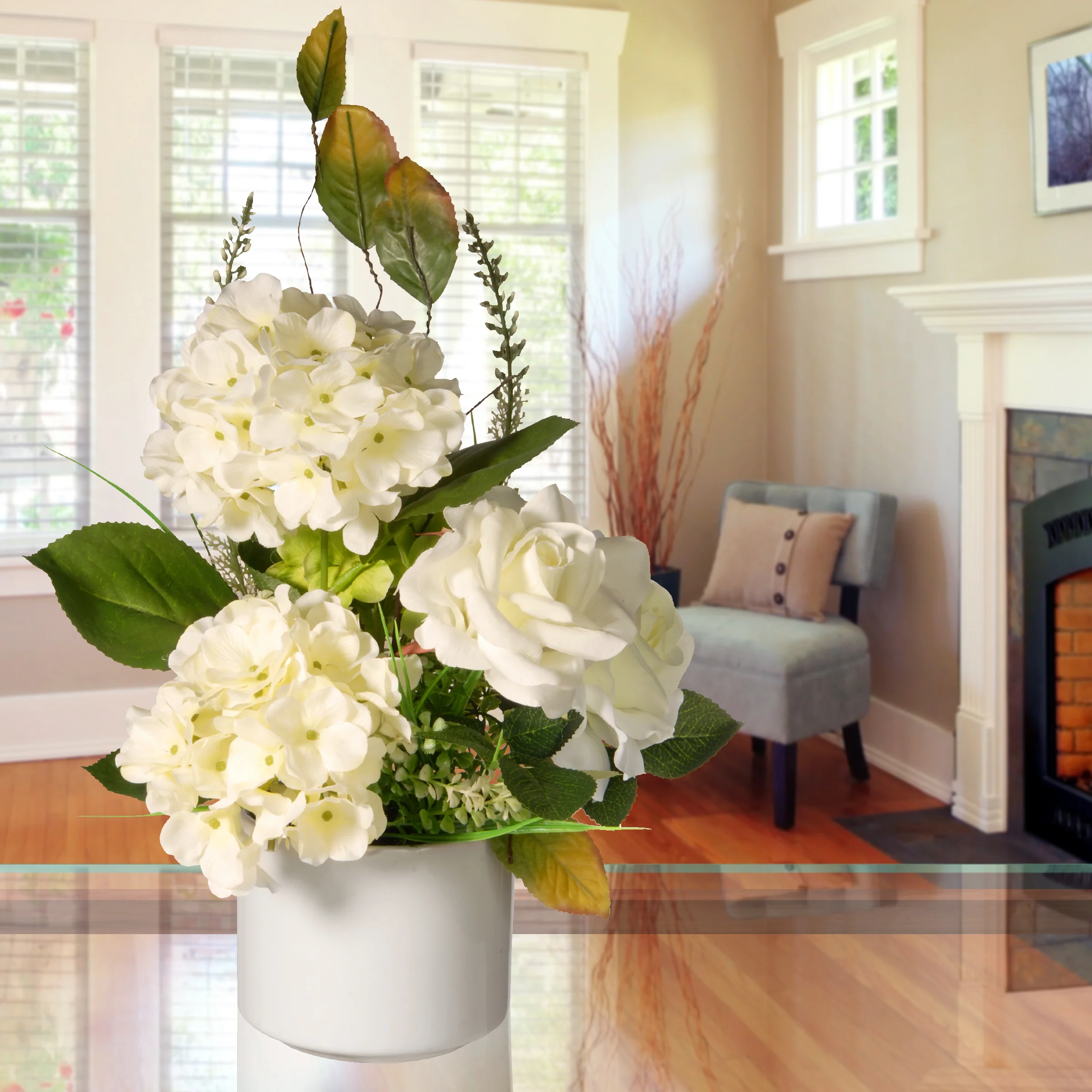 9 in. Spring Hydrangea Blooms Flower Potted in a White Pot Base - Image 2