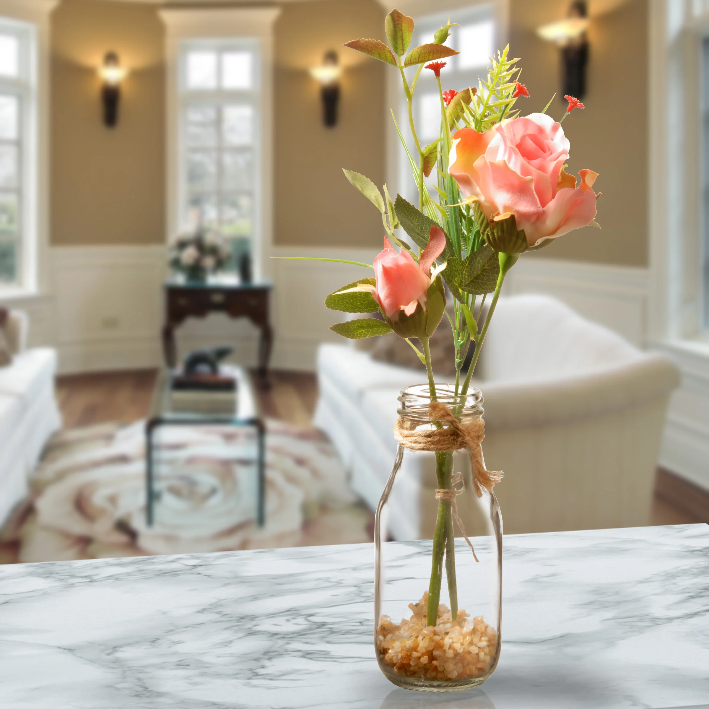 12 in. Spring Pink Roses Flower Bouquet in Glass Vase with Leafy Greens - Image 2