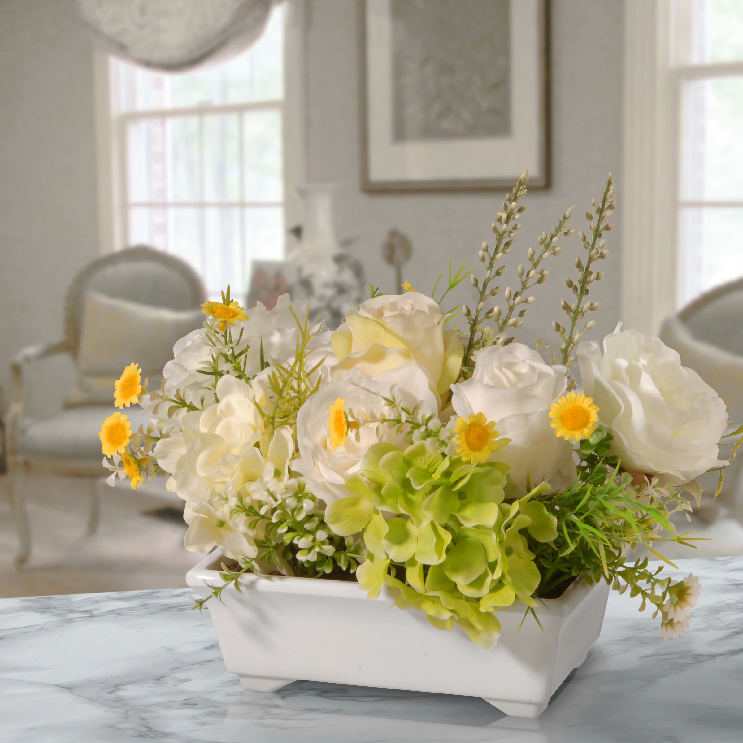 7 in. Spring White Hydrangeas and Roses Flower Potted in a White Pot Base - Image 2