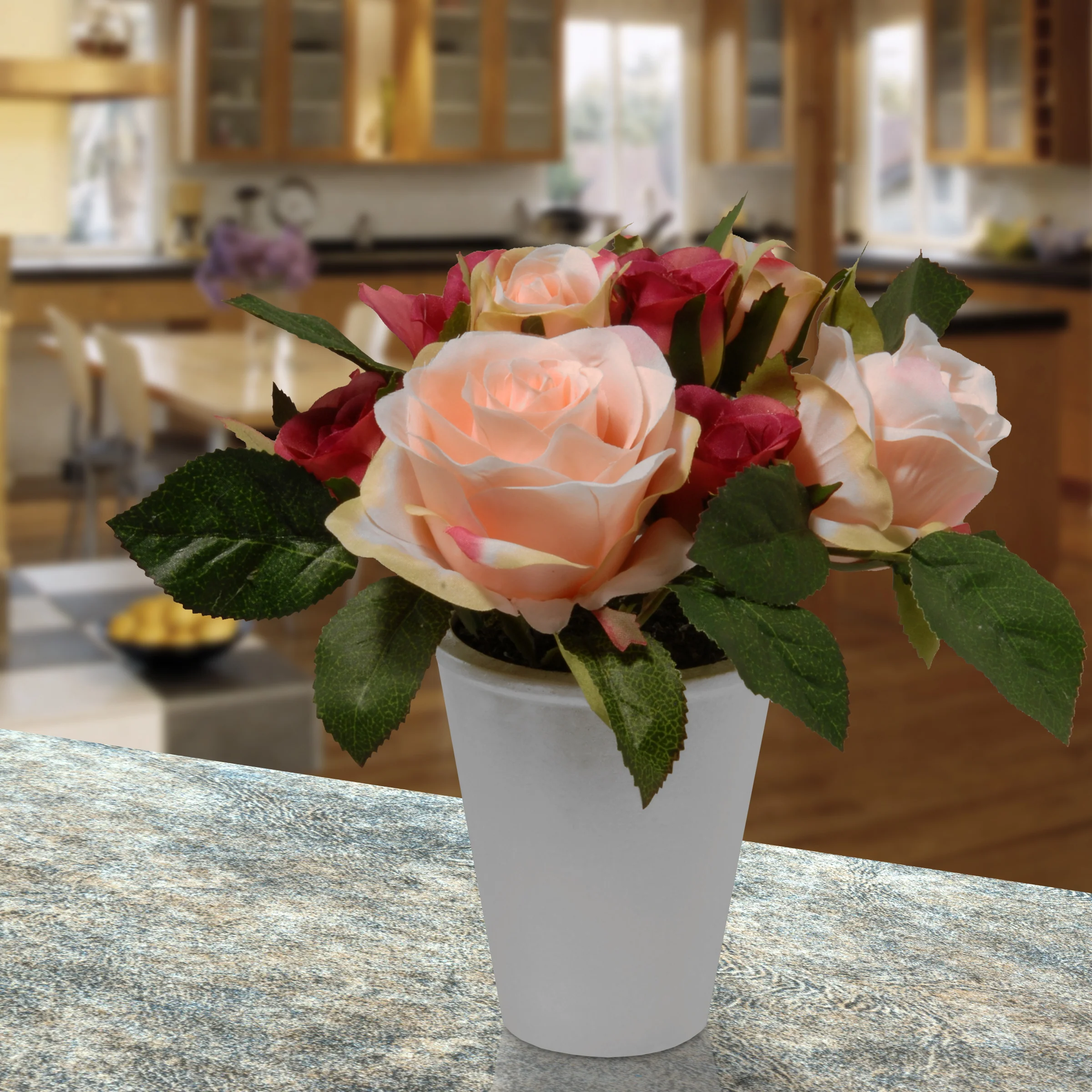 8 in. Spring Pink and Red Roses Potted Plant in a White Pot Base - Image 2