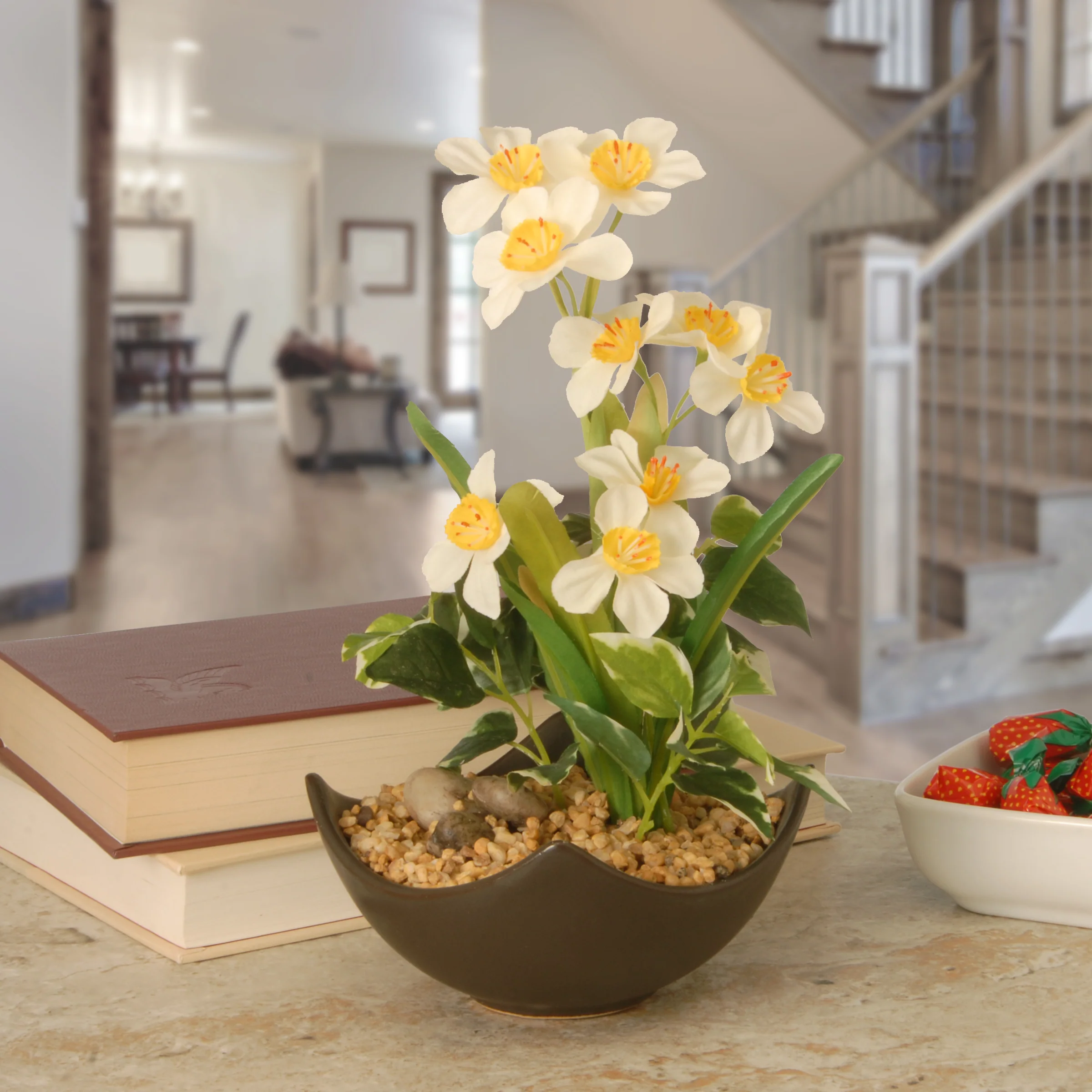 9 i. Spring Narcissus Flower Blooms Potted Plant in a Stylish Brown Ceramic Pot - Image 2