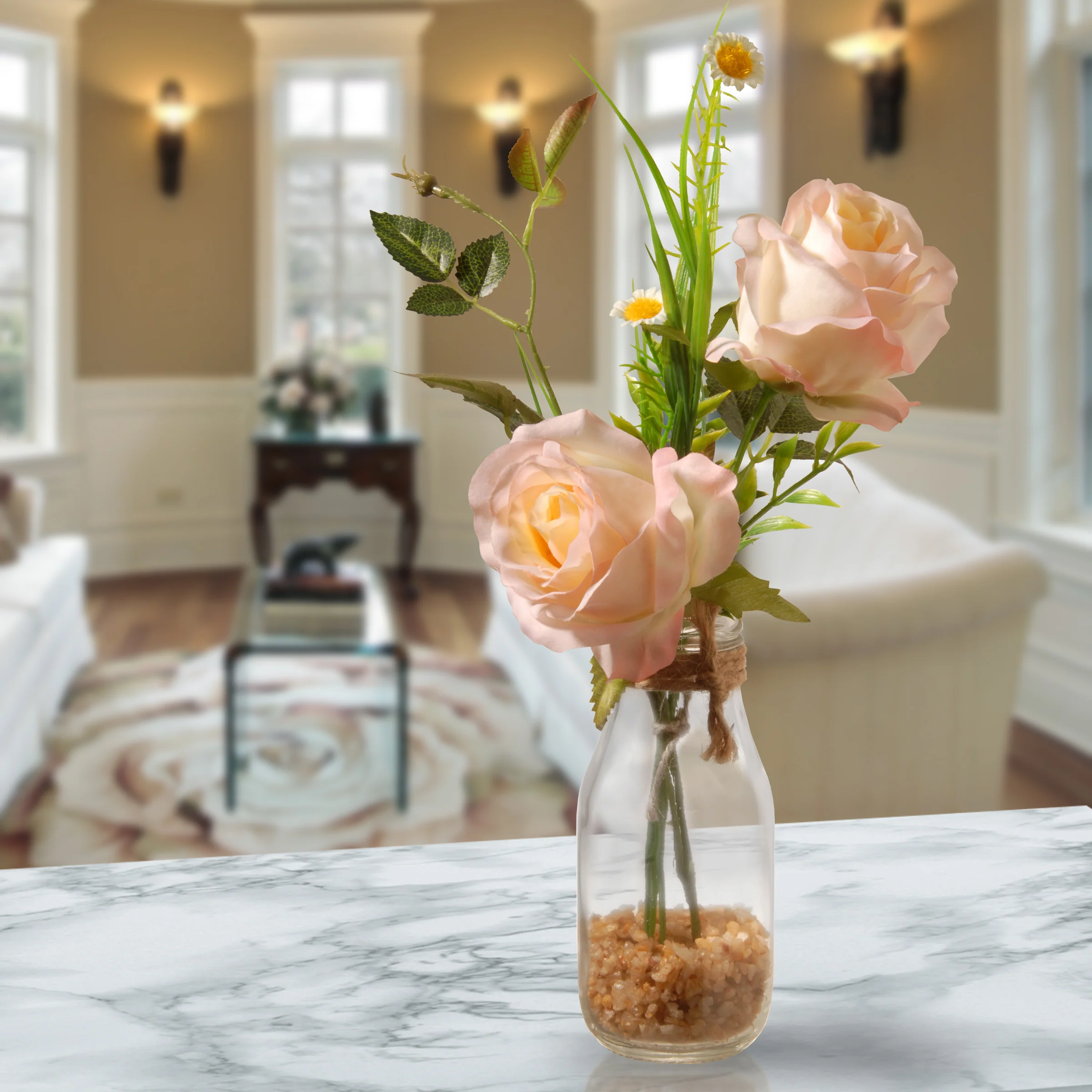 13 in. Spring Peach Roses Flower Bouquet in Glass Vase with Leafy Greens - Image 2
