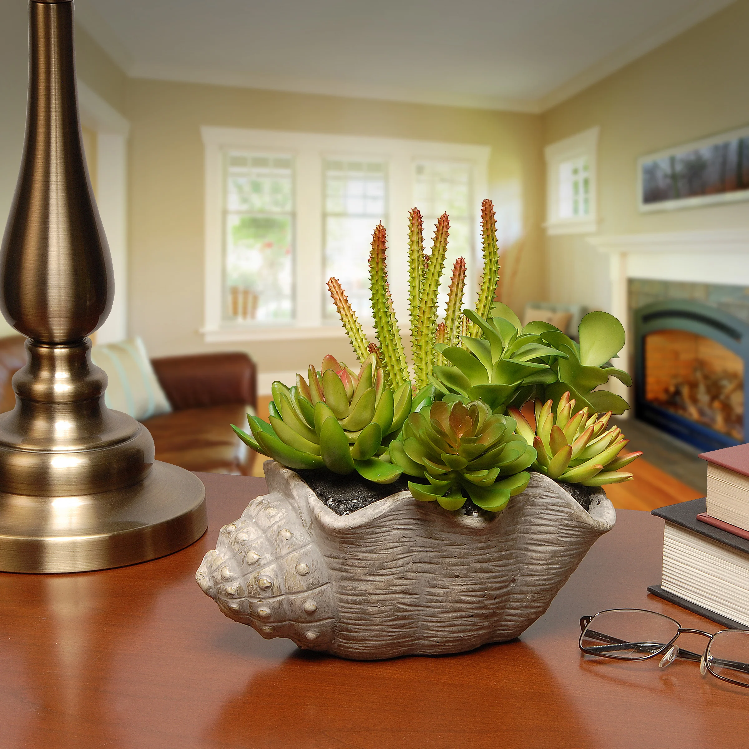11 in. Spring Potted Plant with Various Green and Orange Succulents in a Stylish Conch Shell Cement Pot - Image 2