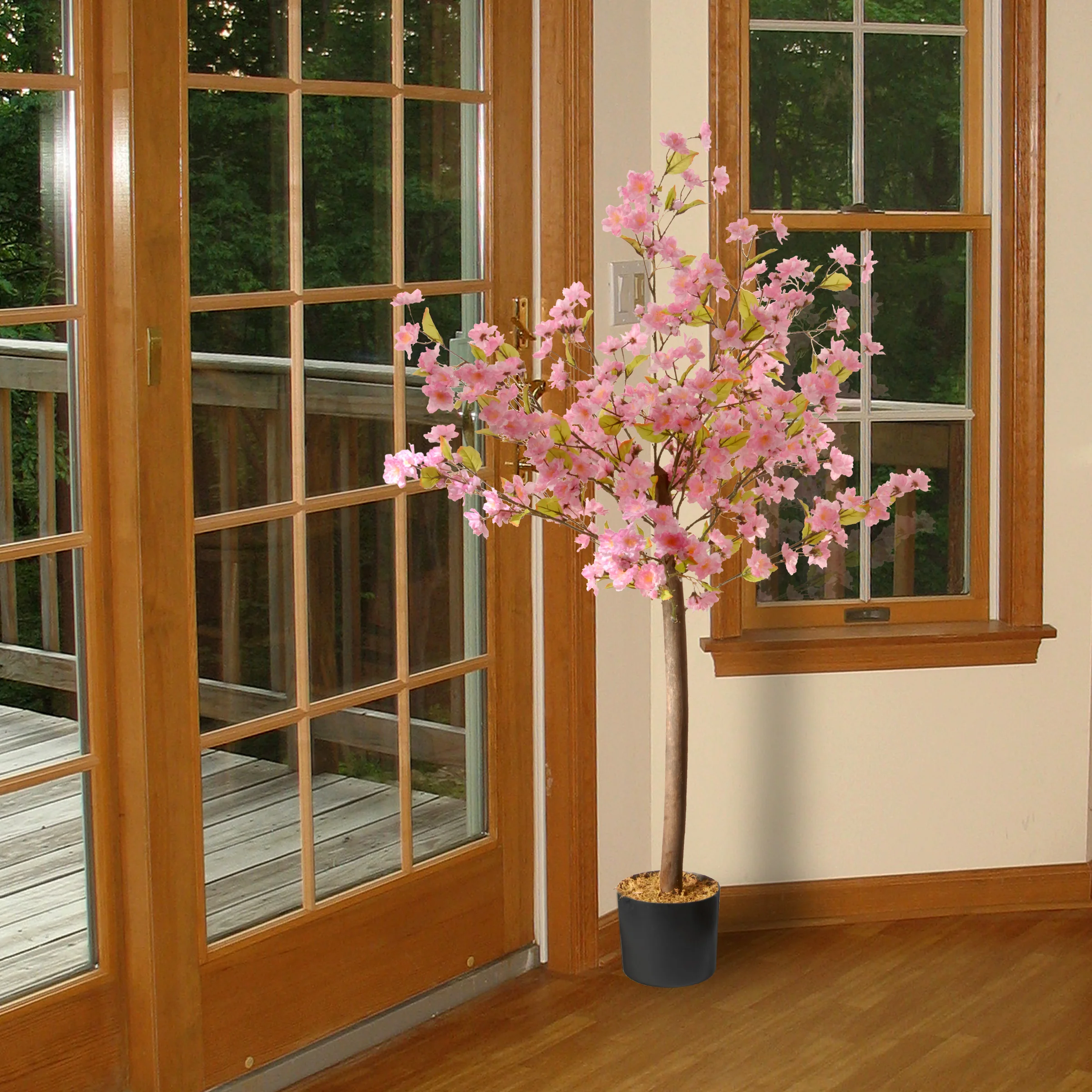 4 ft. Spring Cherry Blossom Pink Flower Potted Plant in a Black Pot Base - Image 2