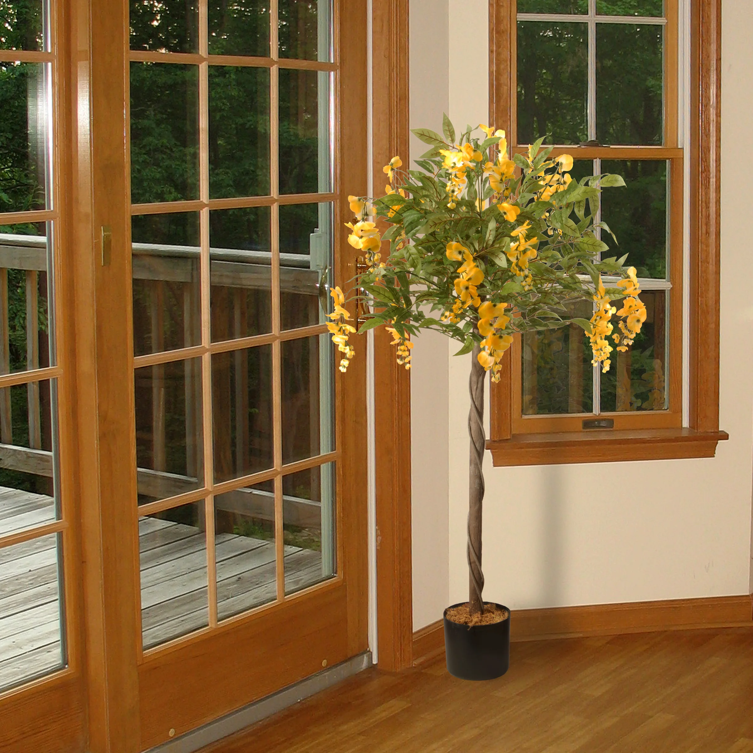 4 ft. Spring Wisteria Potted Tree with Yellow Flower Blooms in a Black Pot Base - Image 2
