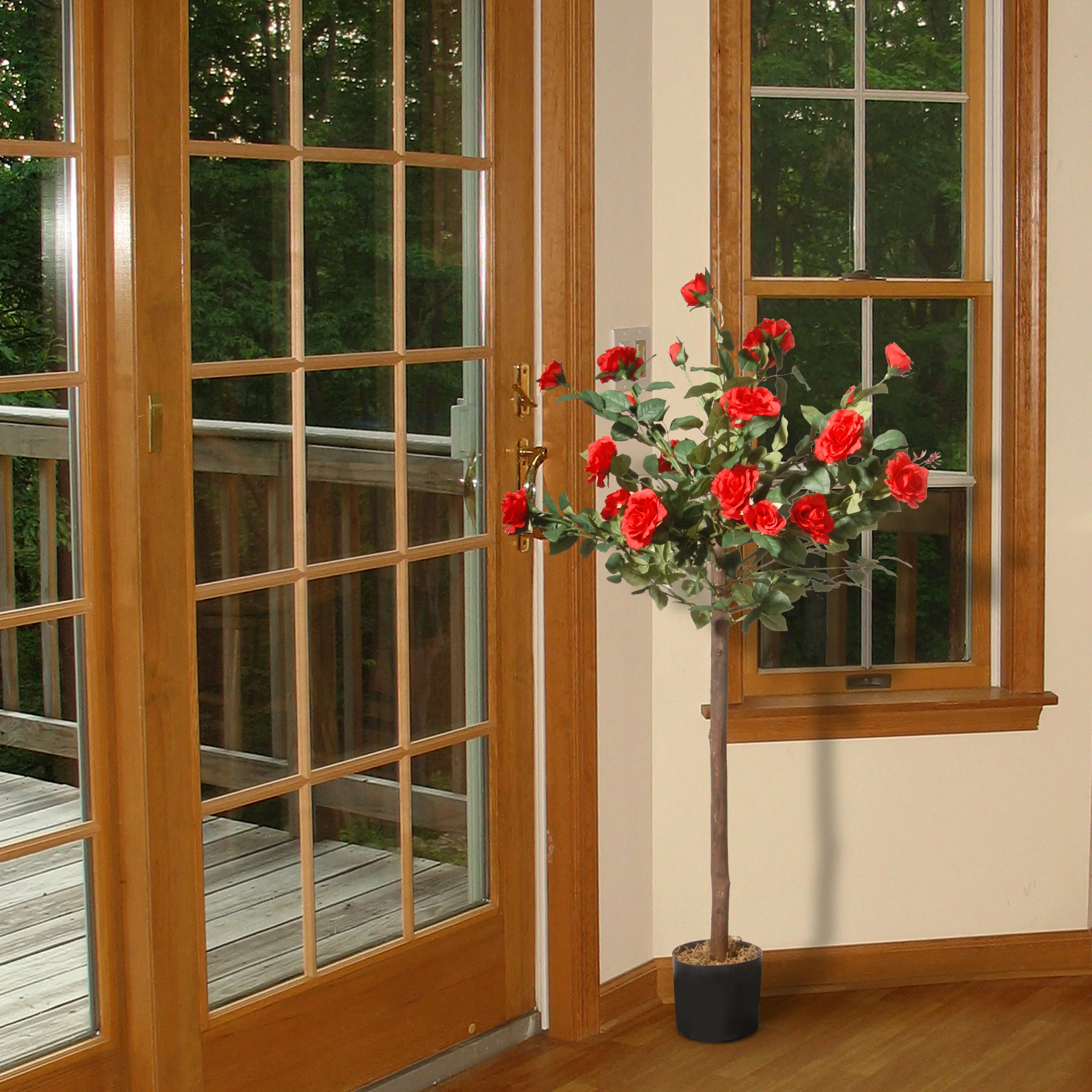 4 ft. Spring Rose Flower Potted Tree in a Black Pot - Image 2