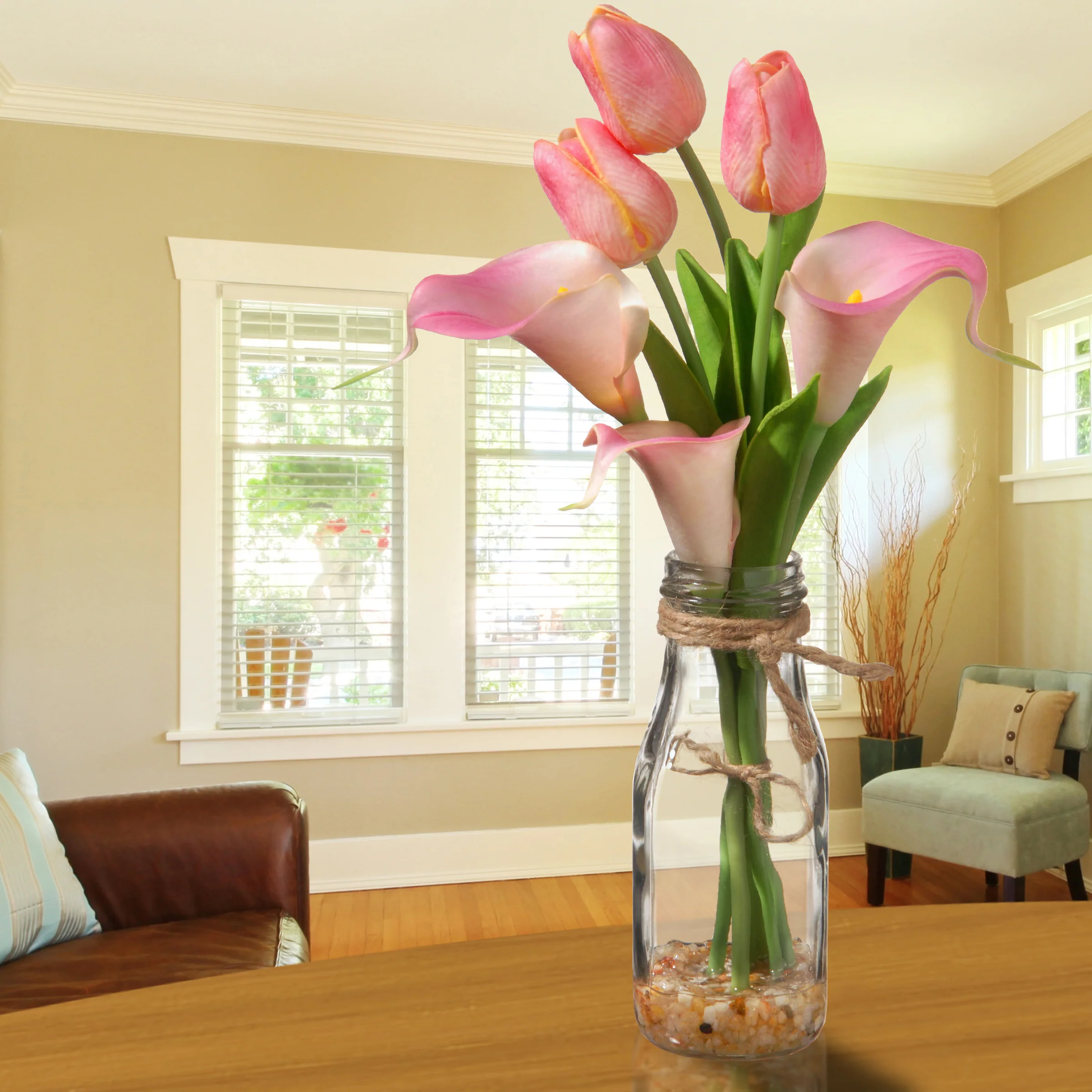 12 in. Spring Flower Bouquet in Glass Vase with Pink Tulips, Leafy Greens - Image 2
