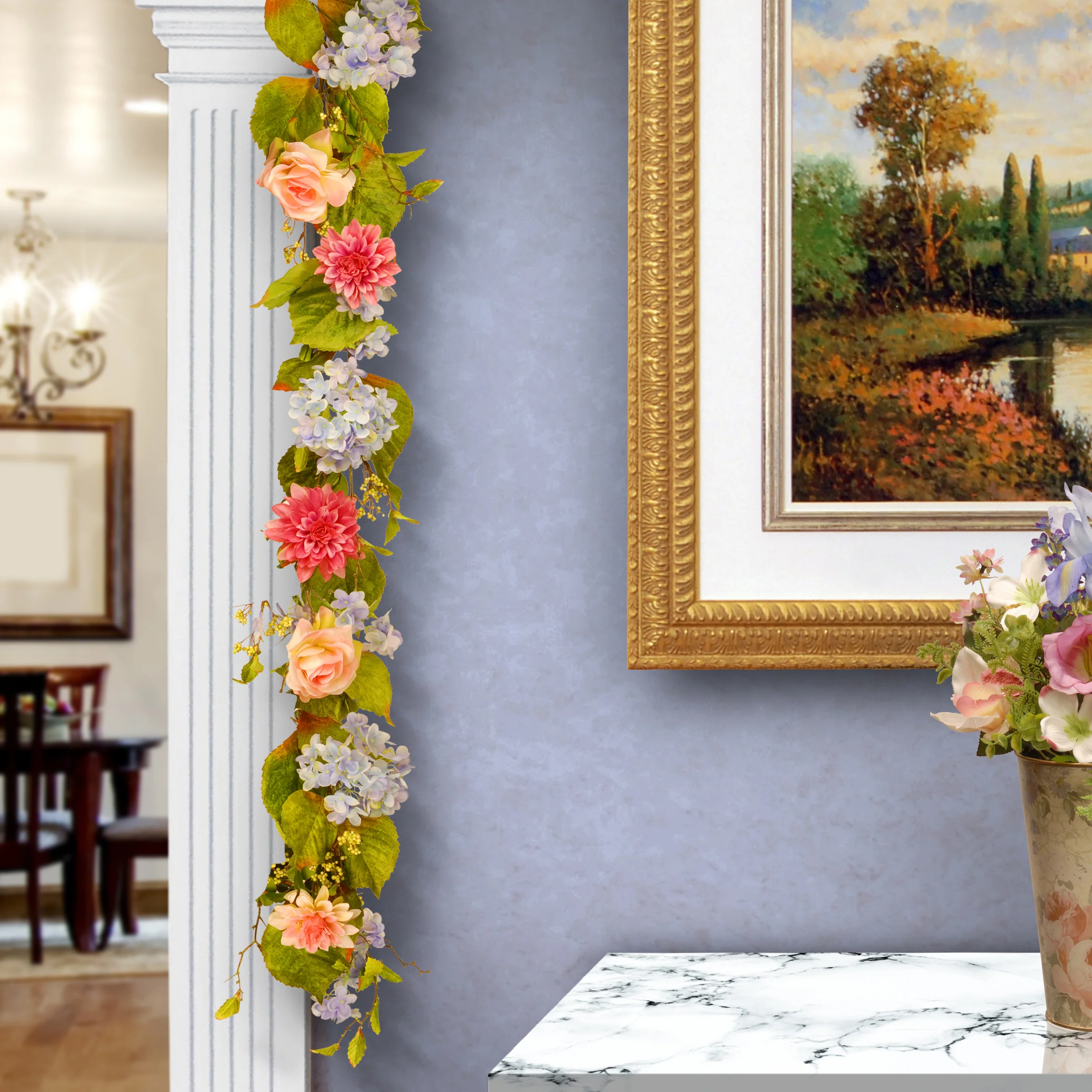 70 in. Spring Garland with Multicolor Hydrangea, Rose and Dahlia Blooms, Berry Clusters, Leafy Greens - Image 2
