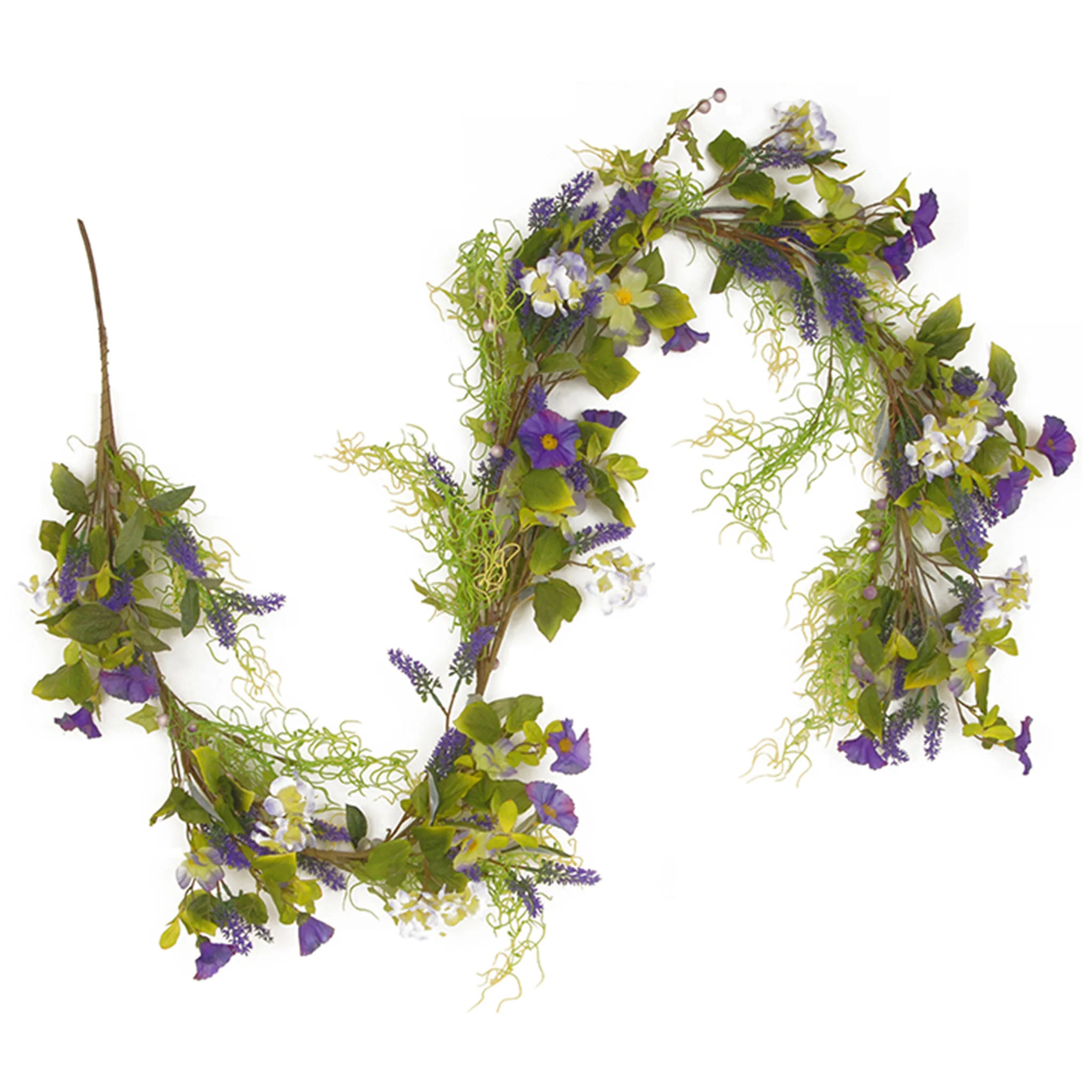 6 ft. Spring Garland with Purple and White Flowers, Green Leaves, Yellow Grass