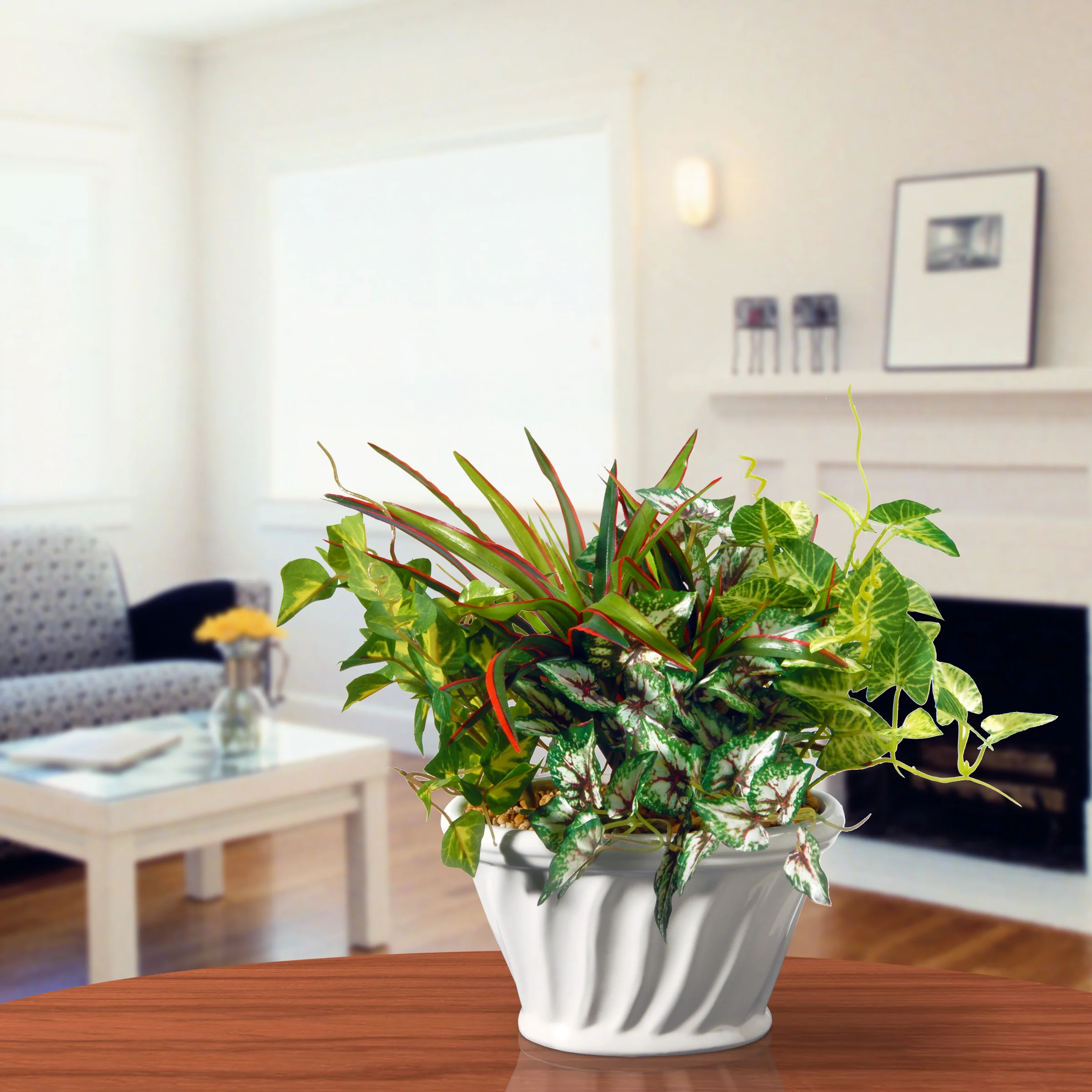 11 in. Spring Ivy and Snake Plants Potted Plant in a White Ceramic Pot - Image 2