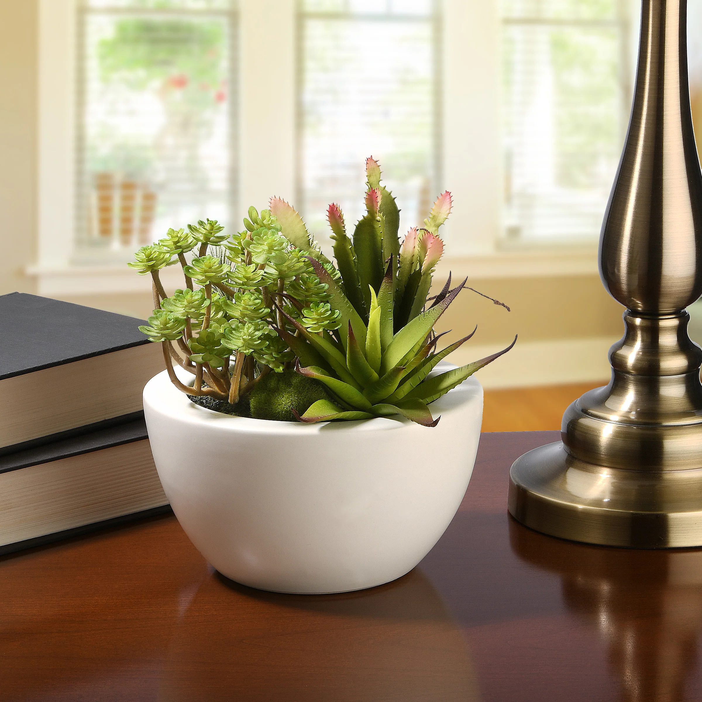 8 in. Spring Potted Plant with Various Green Succulents in a Stylish White Ceramic Base - Image 2