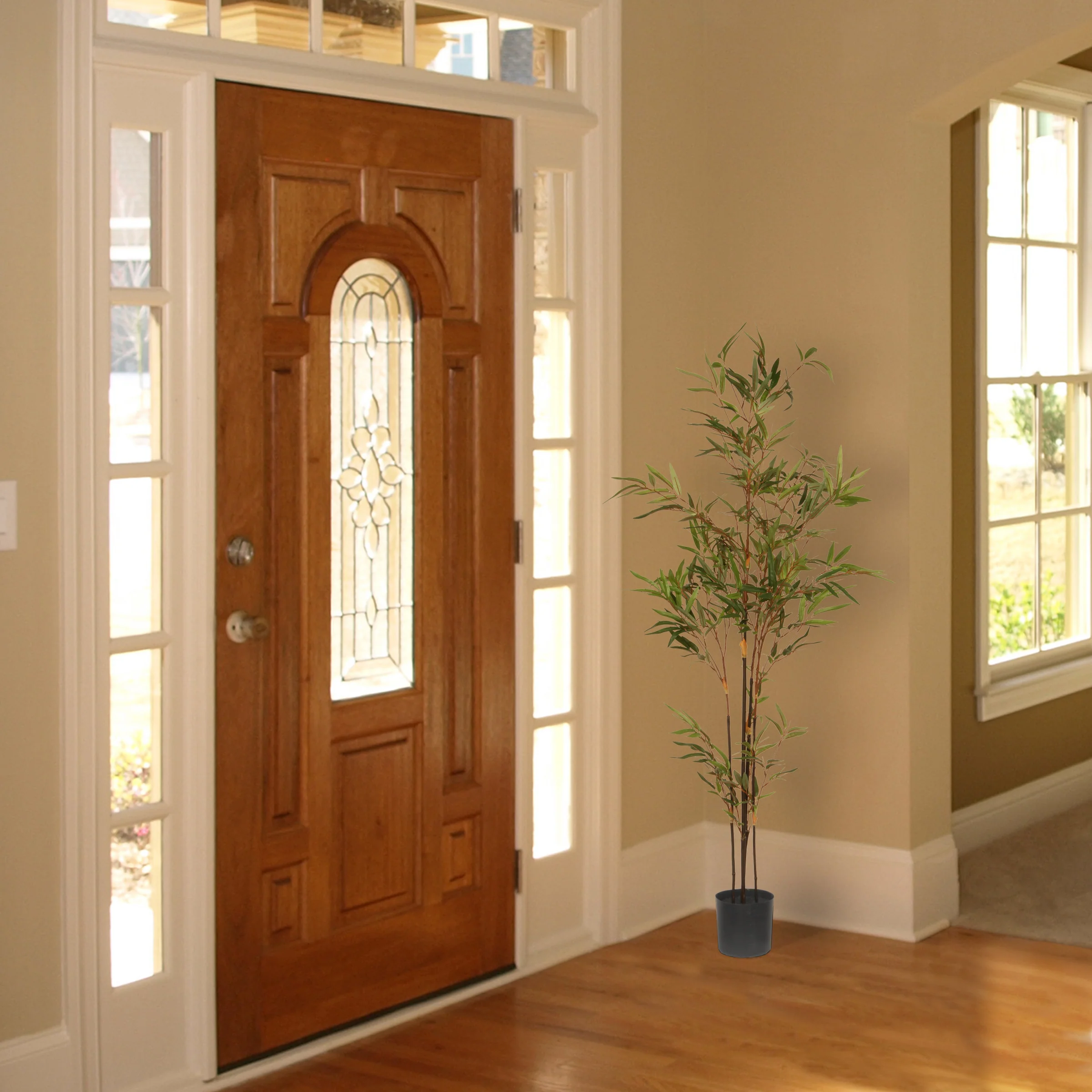 4 ft. Spring Black Bamboo Potted Tree with Leaves, Simulated Soil in a Black Pot - Image 2