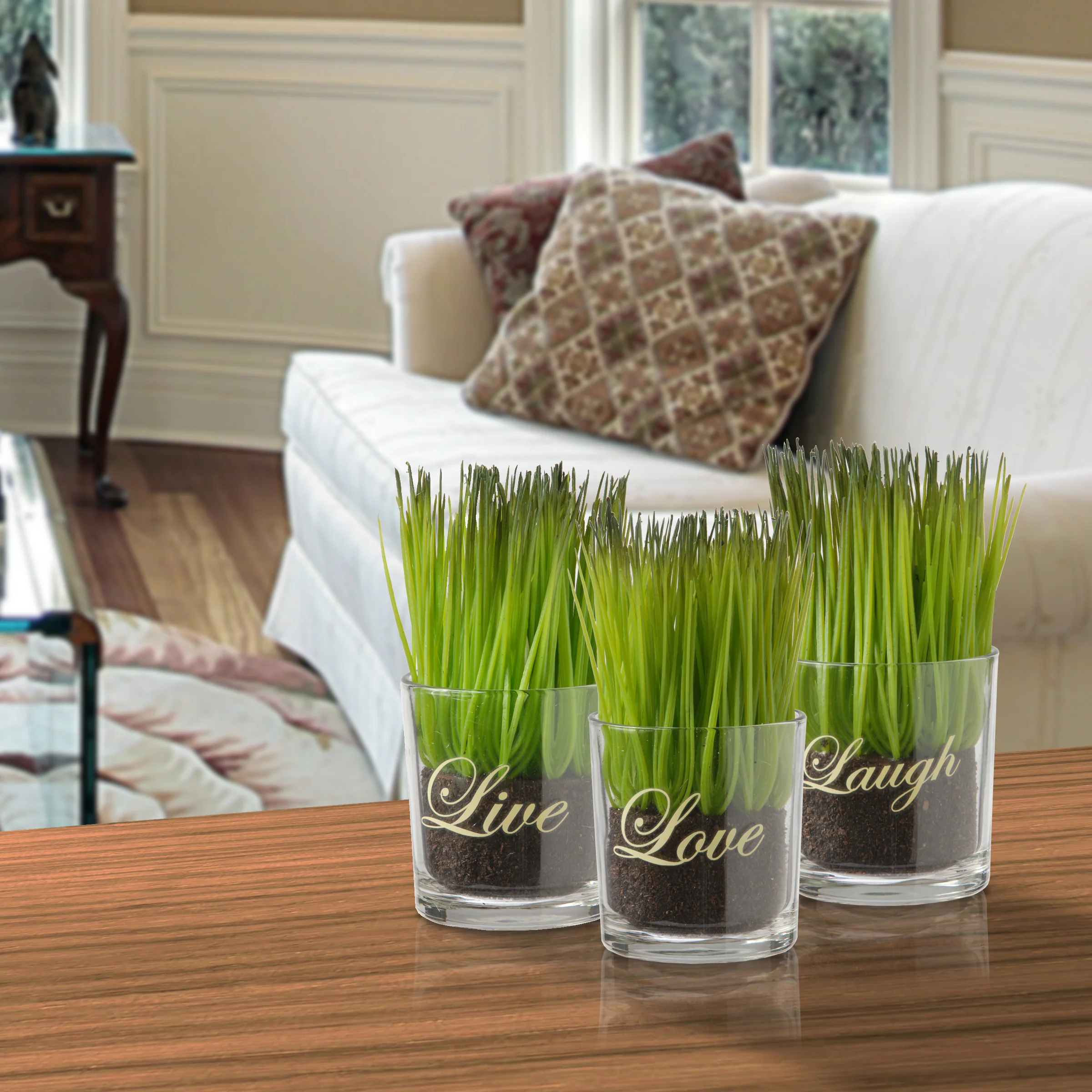6 in. Artificial Plant Sprouts in Soil, Live, Laugh, Love Set in a Glass Cup, Set of 3 - Image 2