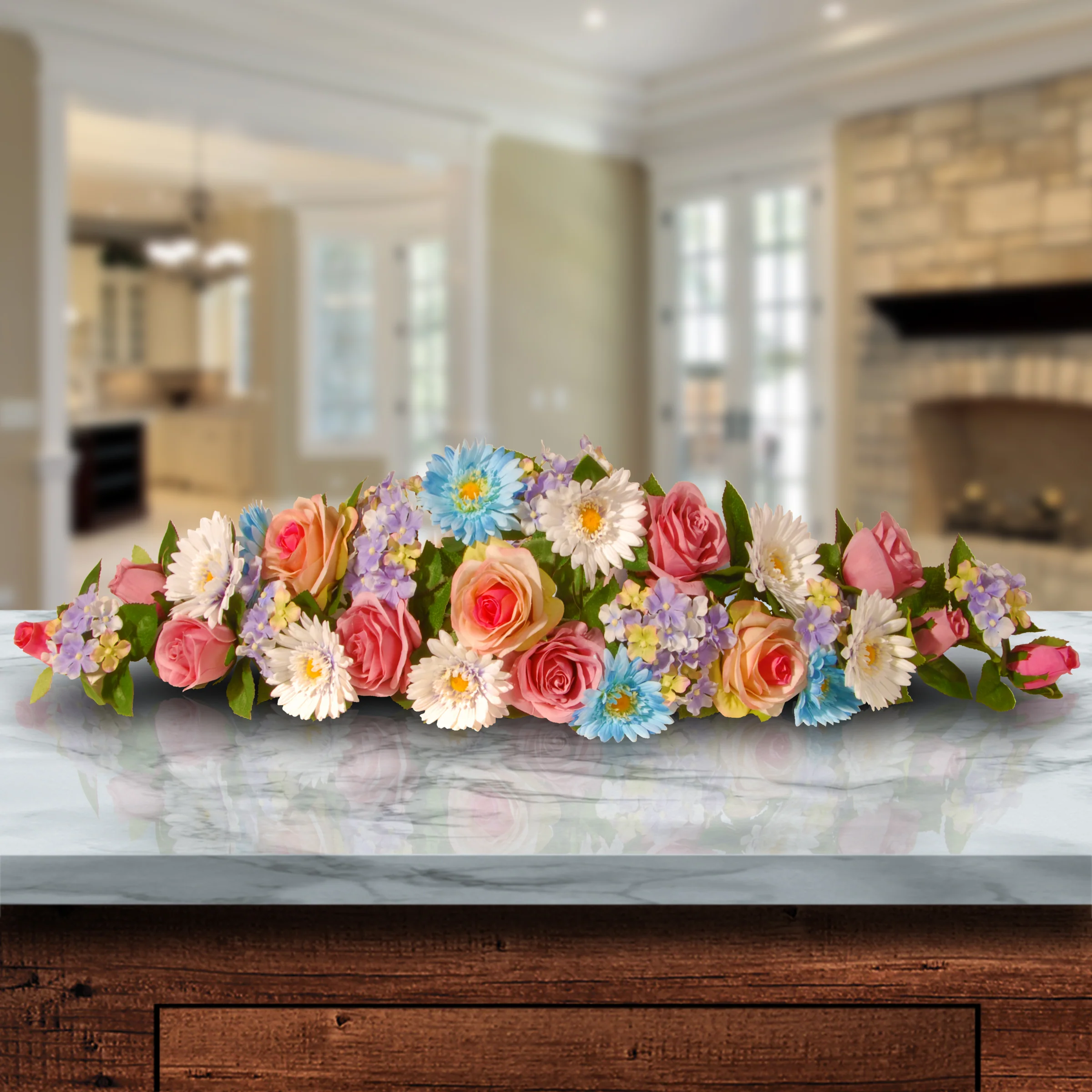 33 in. Spring Blue & Pink Swag Rose, Gerbera & Hyrangea Flowers Swag - Image 2