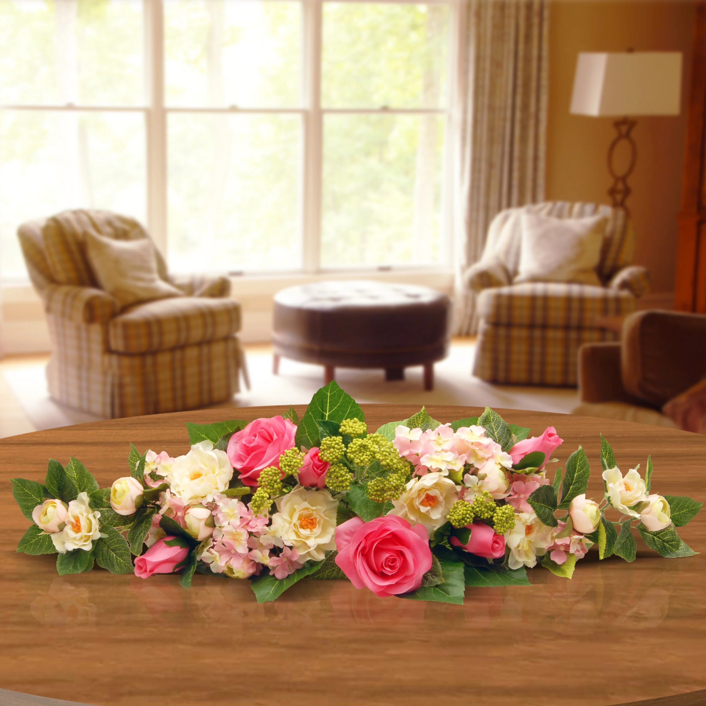 25 in. Spring Plant Table Decoration with Roses, Hydrangeas, Berry Clusters, Leafy Greens - Image 2