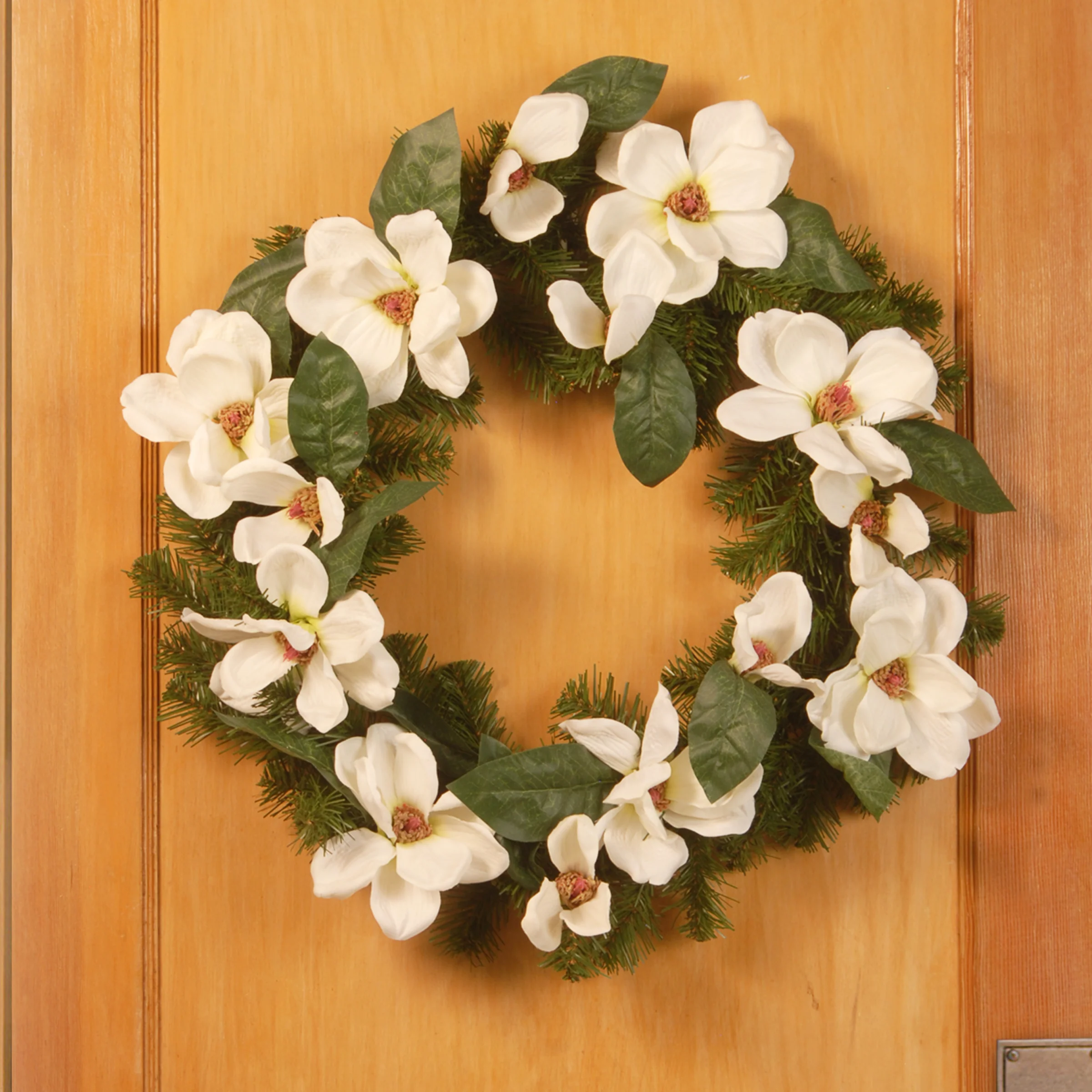 24 in. Spring Wreath with North Valley Spruce, Magnolia Flower Blooms, and Evergreen Branch Tips - Image 2
