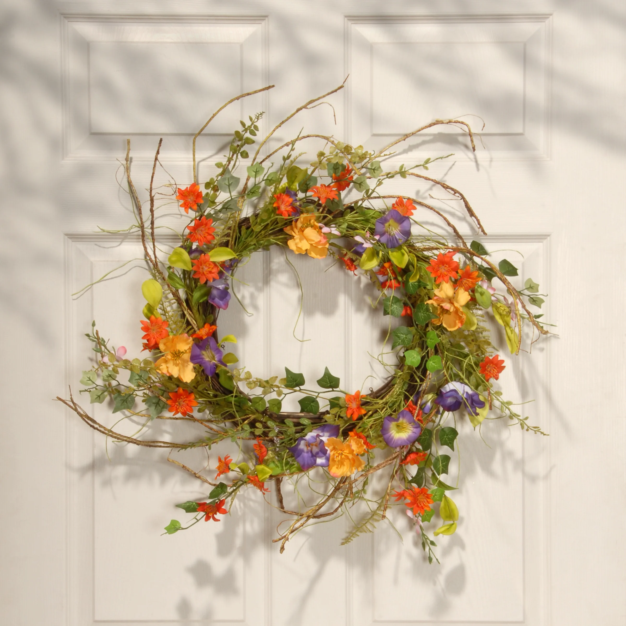 Artificial Hanging Wreath, Woven Branch Base, Decorated with Assorted Flowers, Leafy Greens, Spring Collection, 22 Inches - Image 2