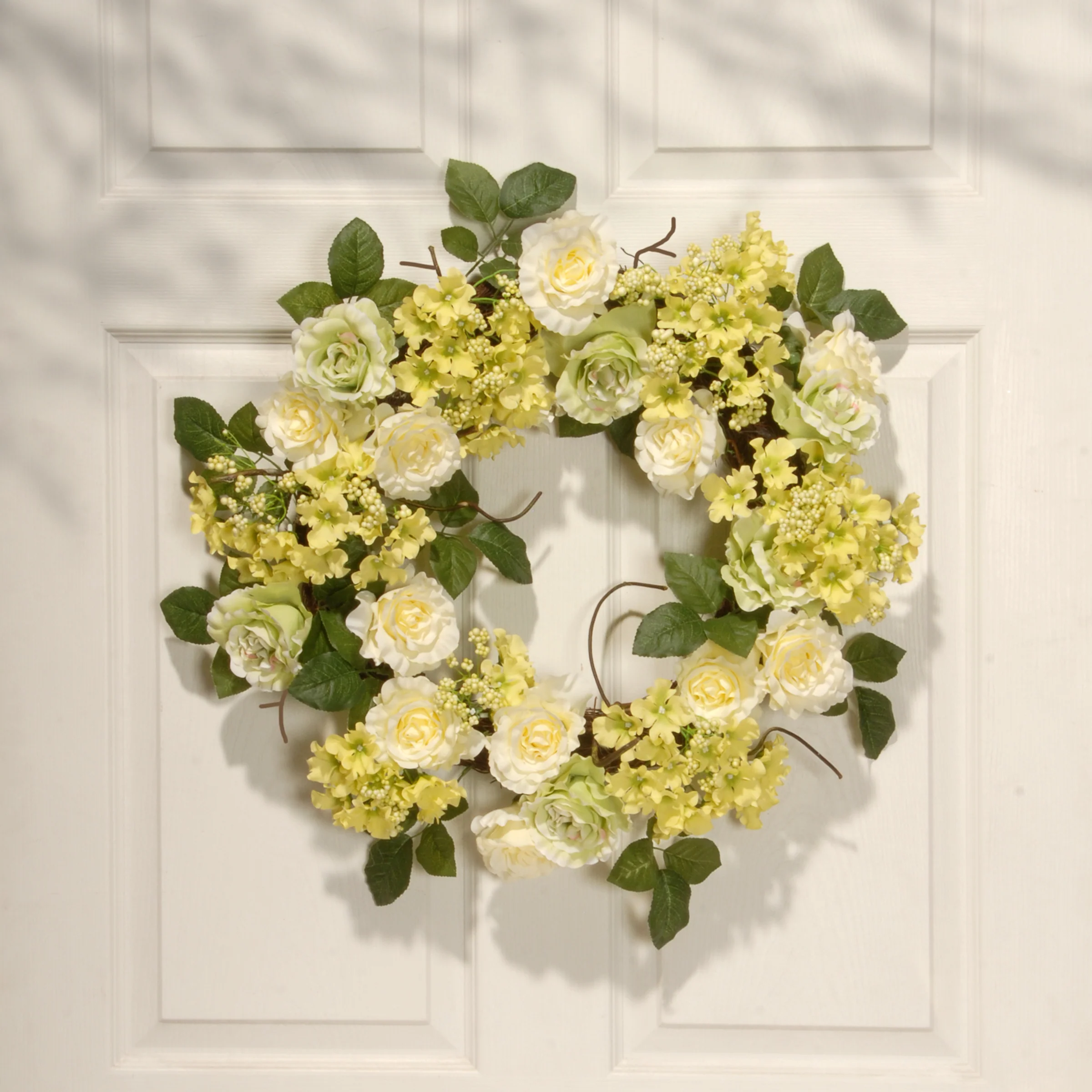 20 in. Spring Wreath with Cream Rose Blooms, Branches, Leafy Greens - Image 2