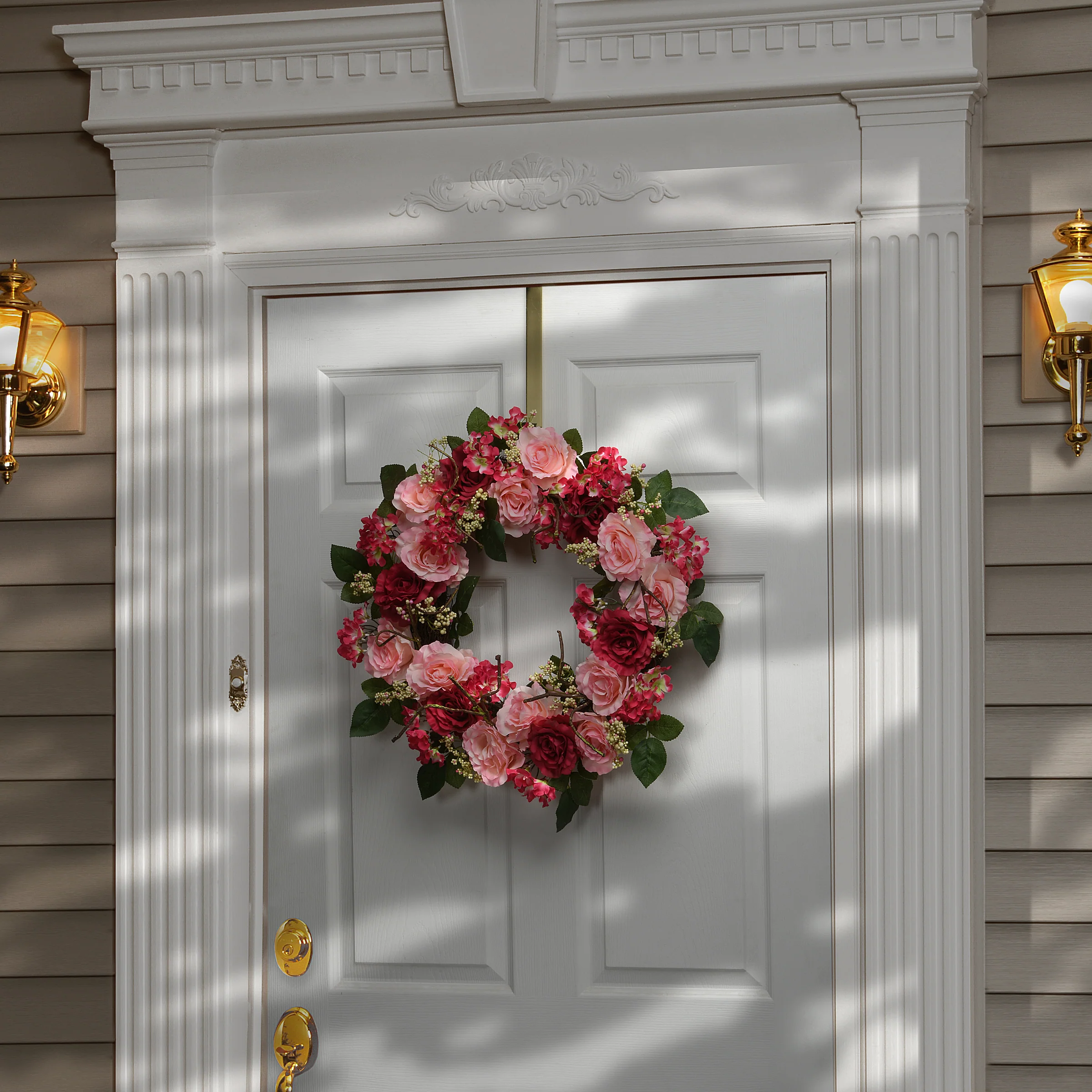 National Tree Company Artificial Hanging Wreath, Woven Branch Base, Decorated with Pink Rose Blooms, Branches, Leafy Greens, Spring Collection, 20 Inches - Image 2