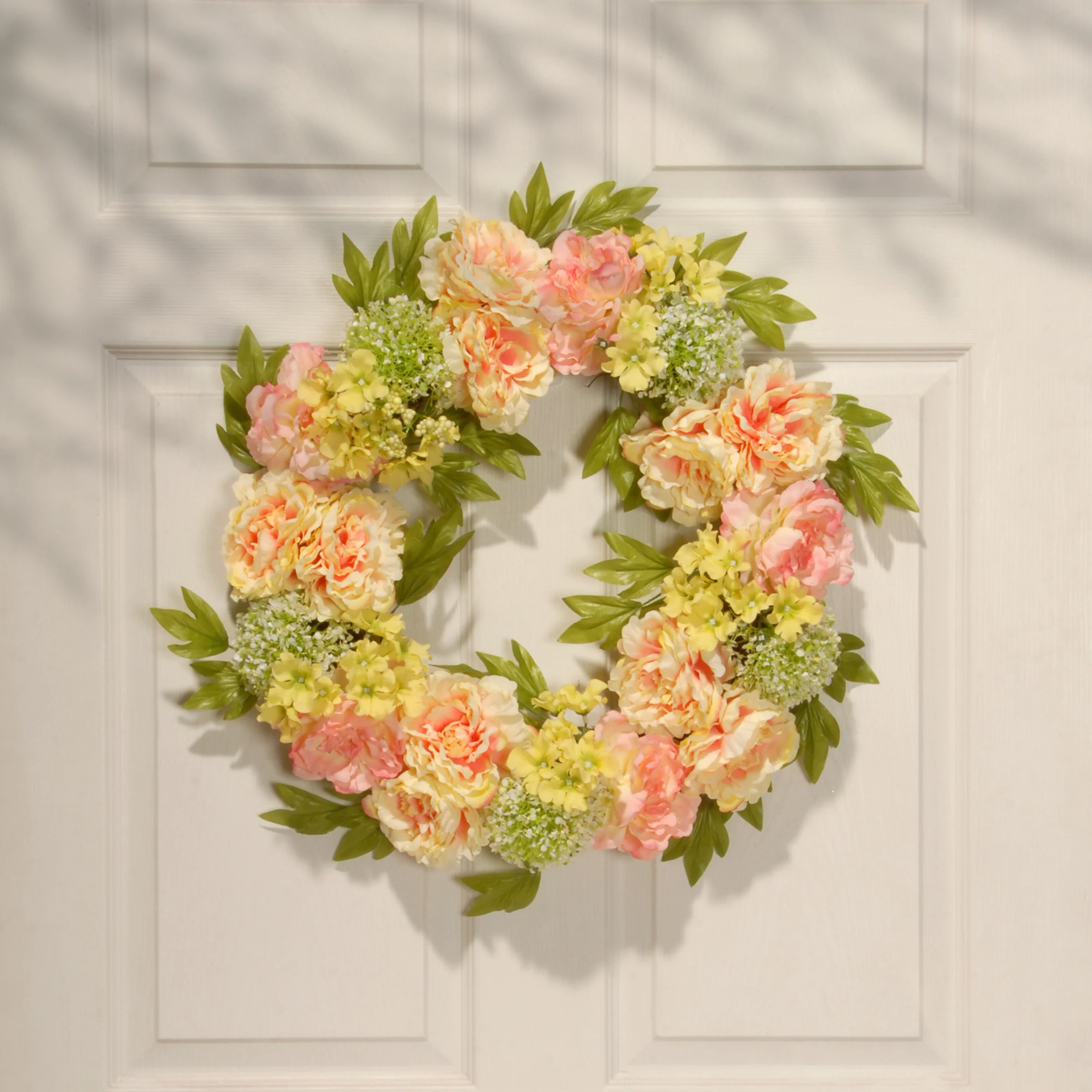 National Tree Company Artificial Hanging Wreath, Woven Branch Base, Decorated with Cream Peony Blooms, Branches, Leafy Greens, Spring Collection, 24 Inches - Image 2