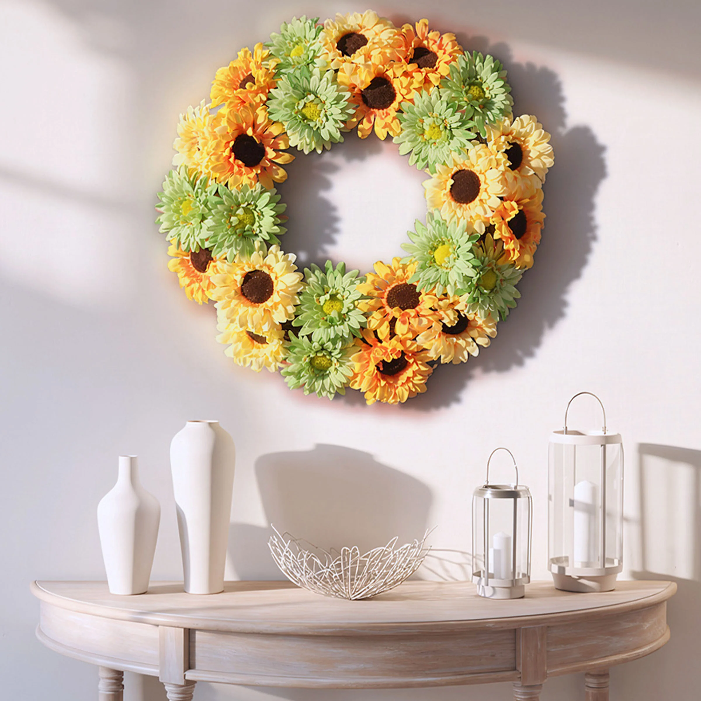 19 in. Spring Garden Accents Yellow Cosmos Wreath with Yellow and Green Sunflowers - Image 2